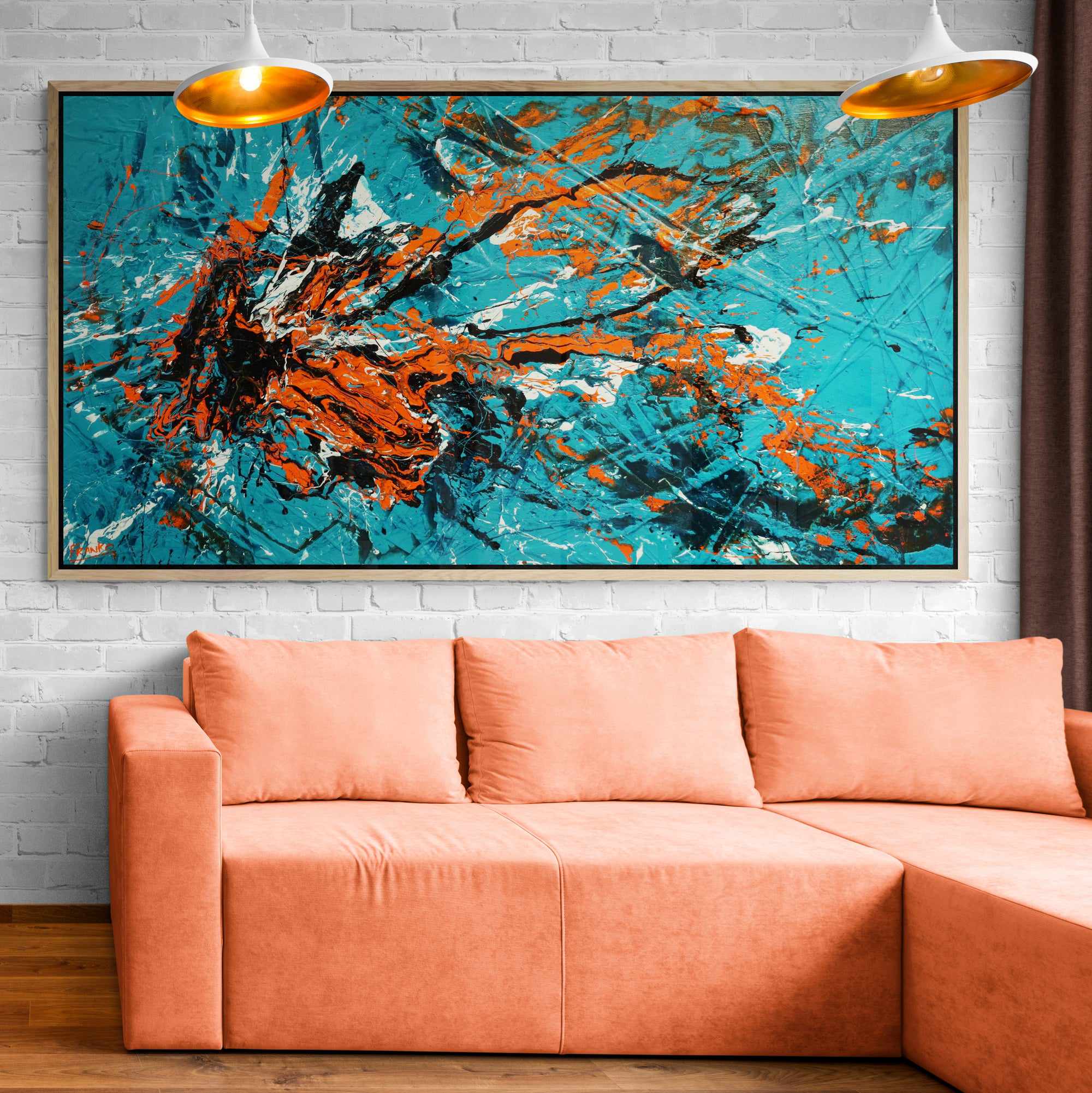 Teal and Tango 190cm x 100cm Teal Orange Textured Abstract Painting (SOLD)-Abstract-[Franko_Artist]-[The_Block]-[Dream_Homes]-[ideas]- [Grand_Designs]-Franklin Art Studio