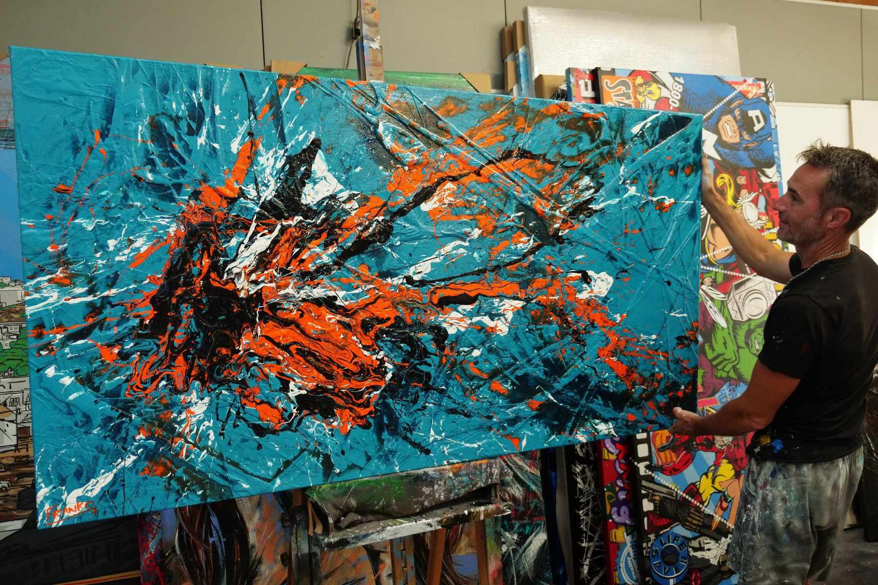 Teal and Tango 190cm x 100cm Teal Orange Textured Abstract Painting (SOLD)-Abstract-[Franko_Artist]-[The_Block]-[Dream_Homes]-[ideas]-[Grand_Designs]-[Art_Lover]-Franklin Art Studio