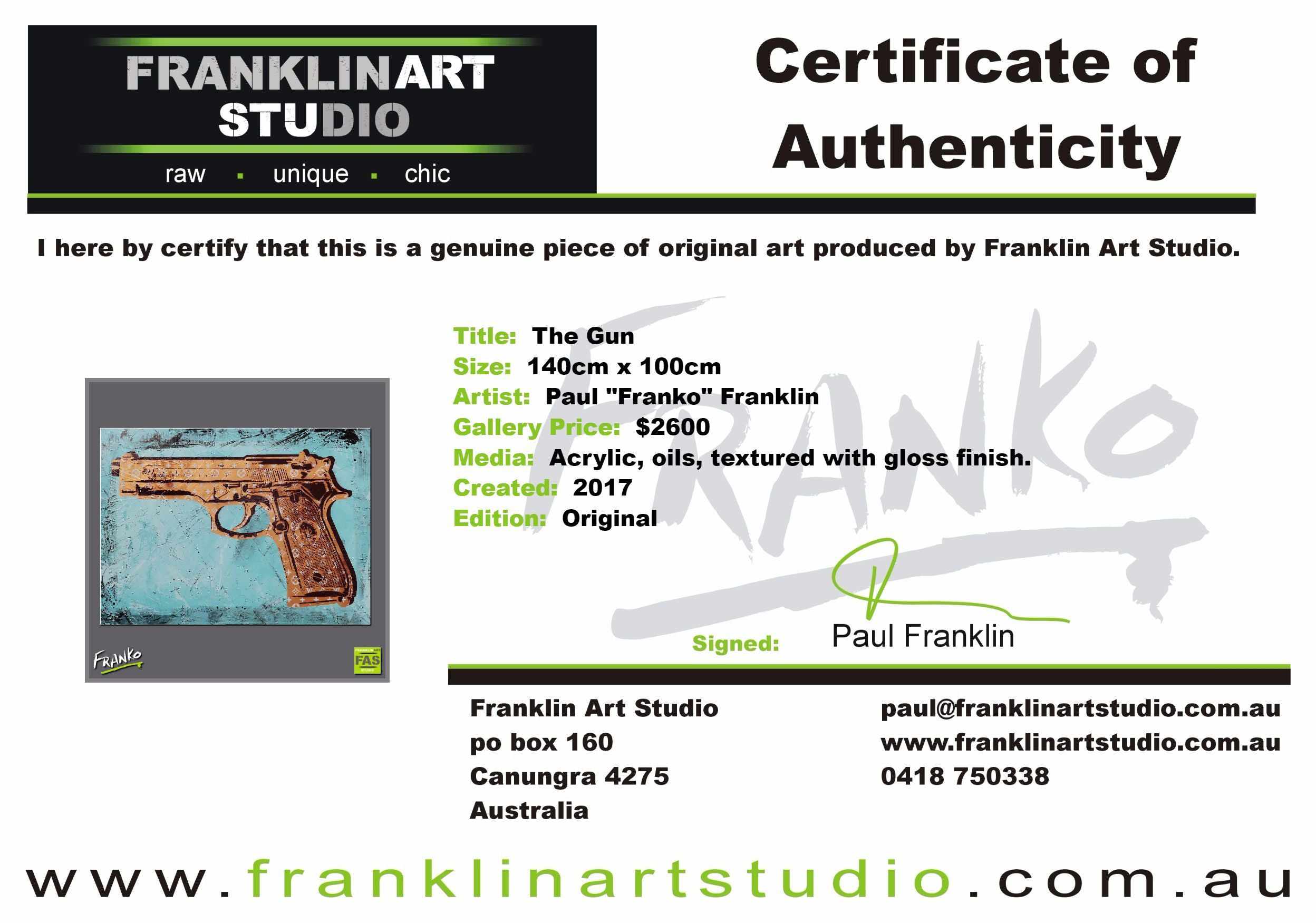The Gun 140cm x 100cm Gun Pop Art Painting (SOLD)-urban pop-[Franko_Artist]-[The_Block]-[Dream_Homes]-[ideas]- [Grand_Designs]-Franklin Art Studio