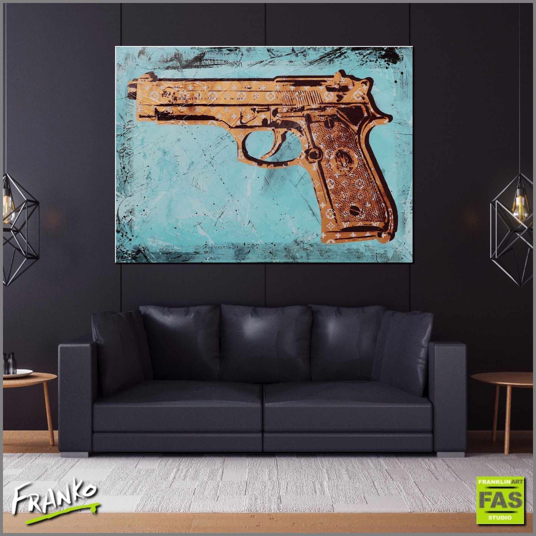 The Gun 140cm x 100cm Gun Pop Art Painting (SOLD)-urban pop-[Franko_Artist]-[Australian_artist]-[Gold_Coast]-[Brisbane]-[modern]-[contemporary]-[original]-[Large_artwork]-[The_Block]-[Dream_Homes]-[ideas]-[Grand_Designs]-[Art_Lover]-Franklin Art Studio