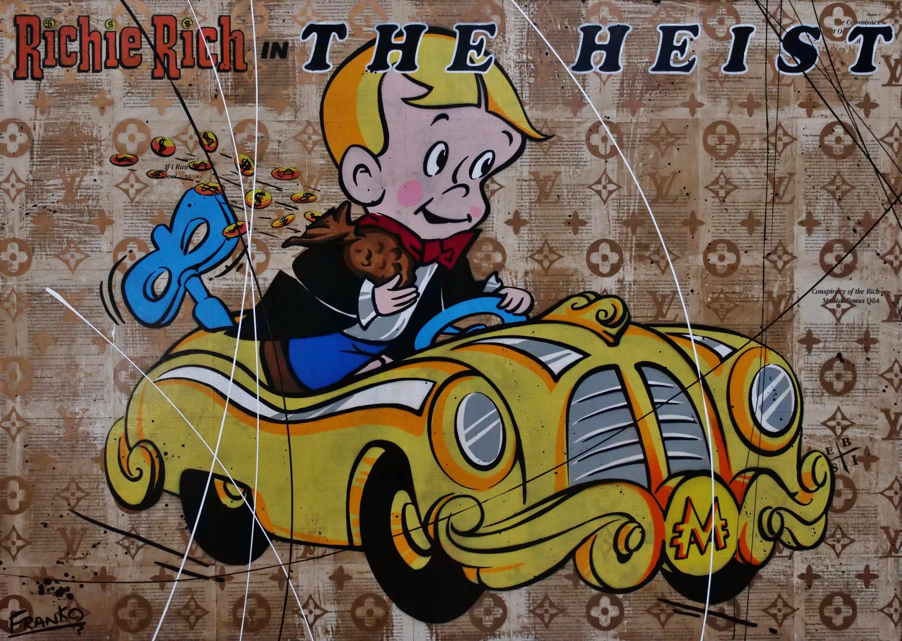 The Heist 140cm x 100cm Richie Rich Urban Pop Book Club Painting (SOLD)-book club-[Franko_Artist]-[Australian_artist]-[Gold_Coast]-[Brisbane]-[modern]-[contemporary]-[original]-[Large_artwork]-Franklin Art Studio
