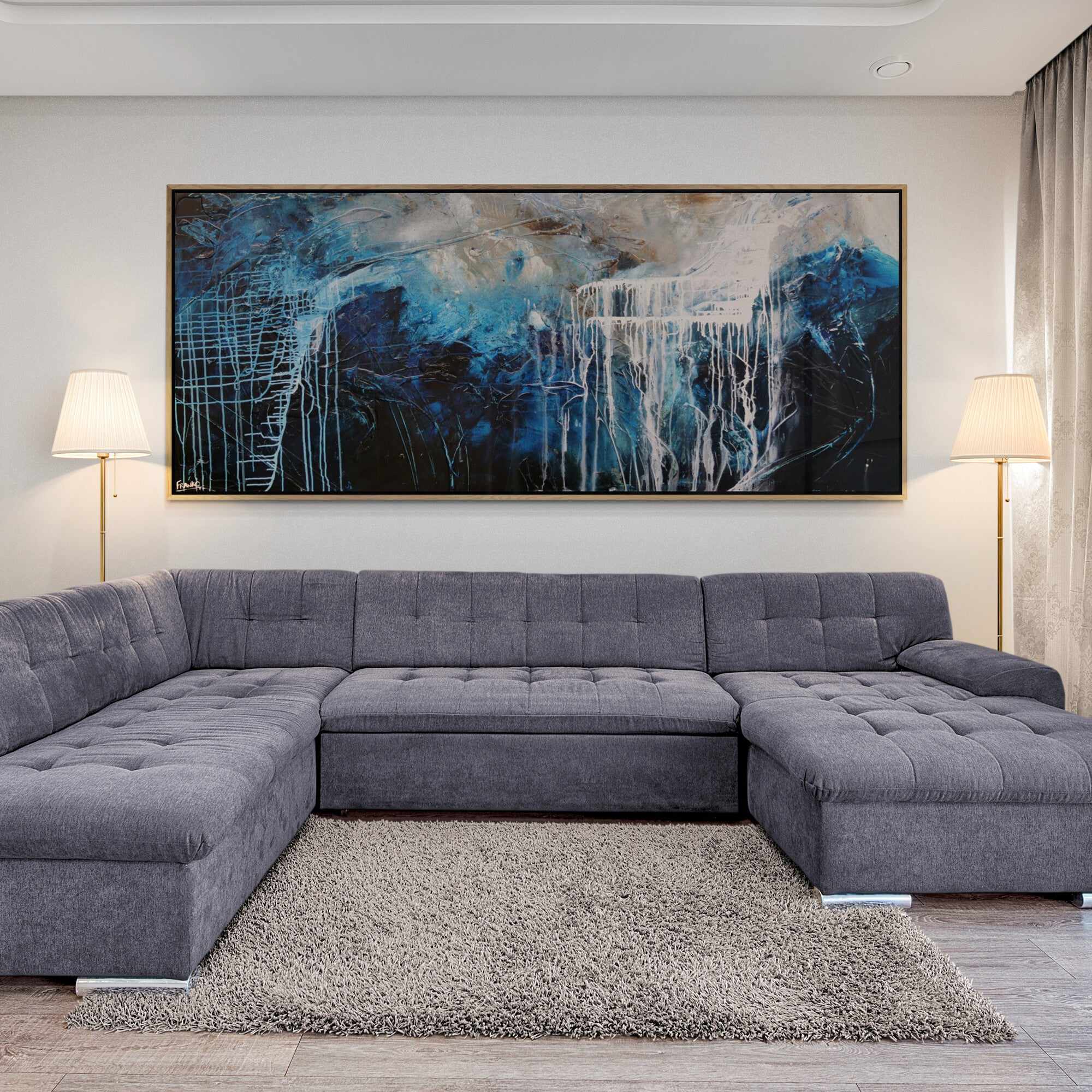 The Midnight View 240cm x 100cm Blue Black Textured Abstract Painting (SOLD)-Abstract-[Franko_Artist]-[The_Block]-[Dream_Homes]-[ideas]- [Grand_Designs]-Franklin Art Studio