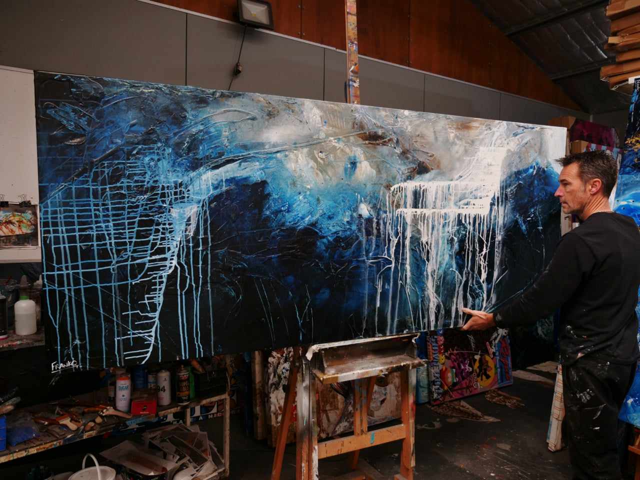 The Midnight View 240cm x 100cm Blue Black Textured Abstract Painting (SOLD)-Abstract-[Franko_Artist]-[The_Block]-[Dream_Homes]-[ideas]-[Grand_Designs]-[Art_Lover]-Franklin Art Studio