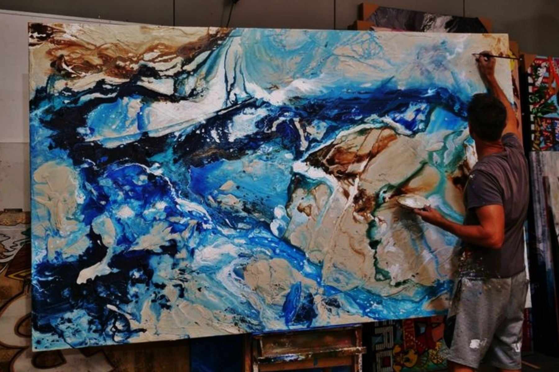 The Natural Grace 250cm x 150cm Cream Blue Textured Abstract Painting (SOLD)-Abstract-[Franko_Artist]-[The_Block]-[Dream_Homes]-[ideas]- [Grand_Designs]-Franklin Art Studio