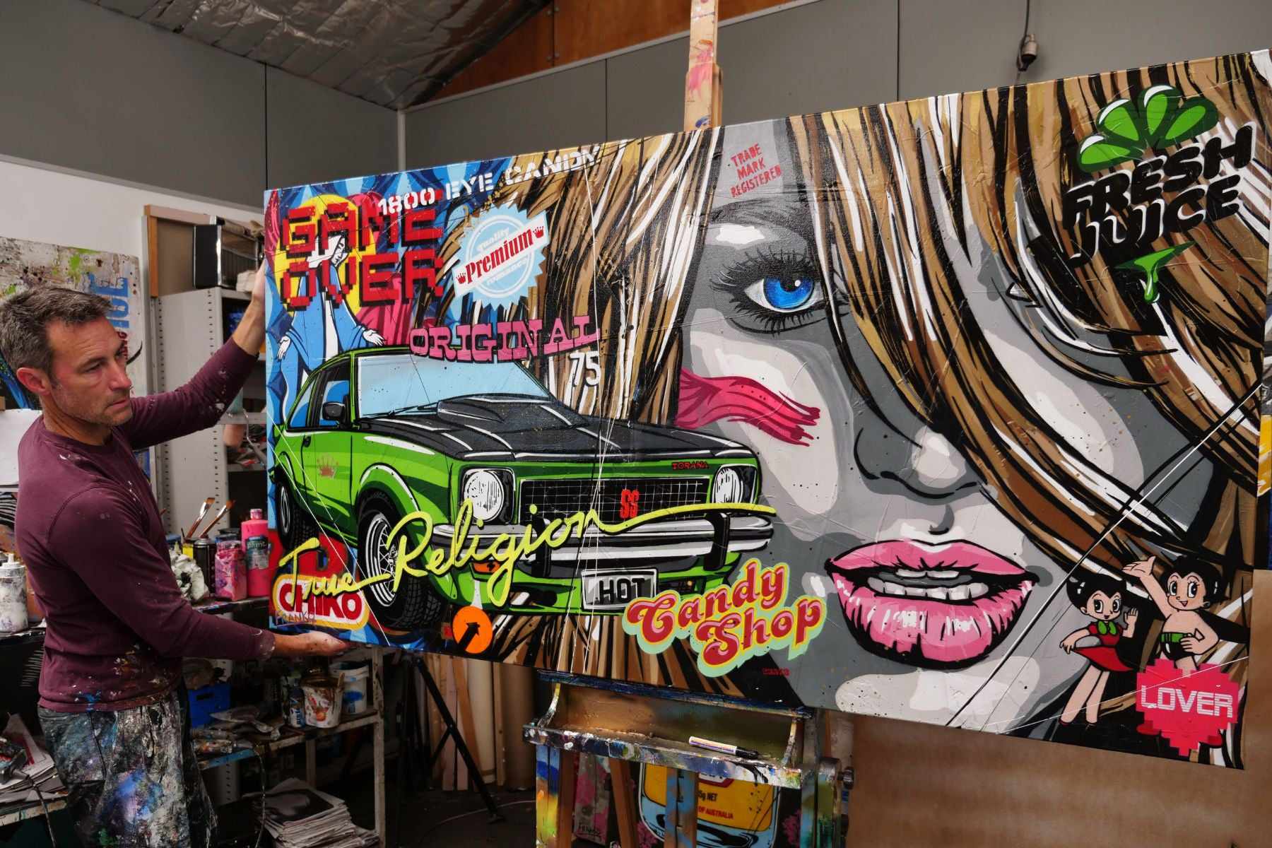 The Religion of Torana 190cm x 100cm Holden Torana Textured Urban Pop Art Painting (SOLD)-urban pop-[Franko_Artist]-[The_Block]-[Dream_Homes]-[ideas]- [Grand_Designs]-Franklin Art Studio