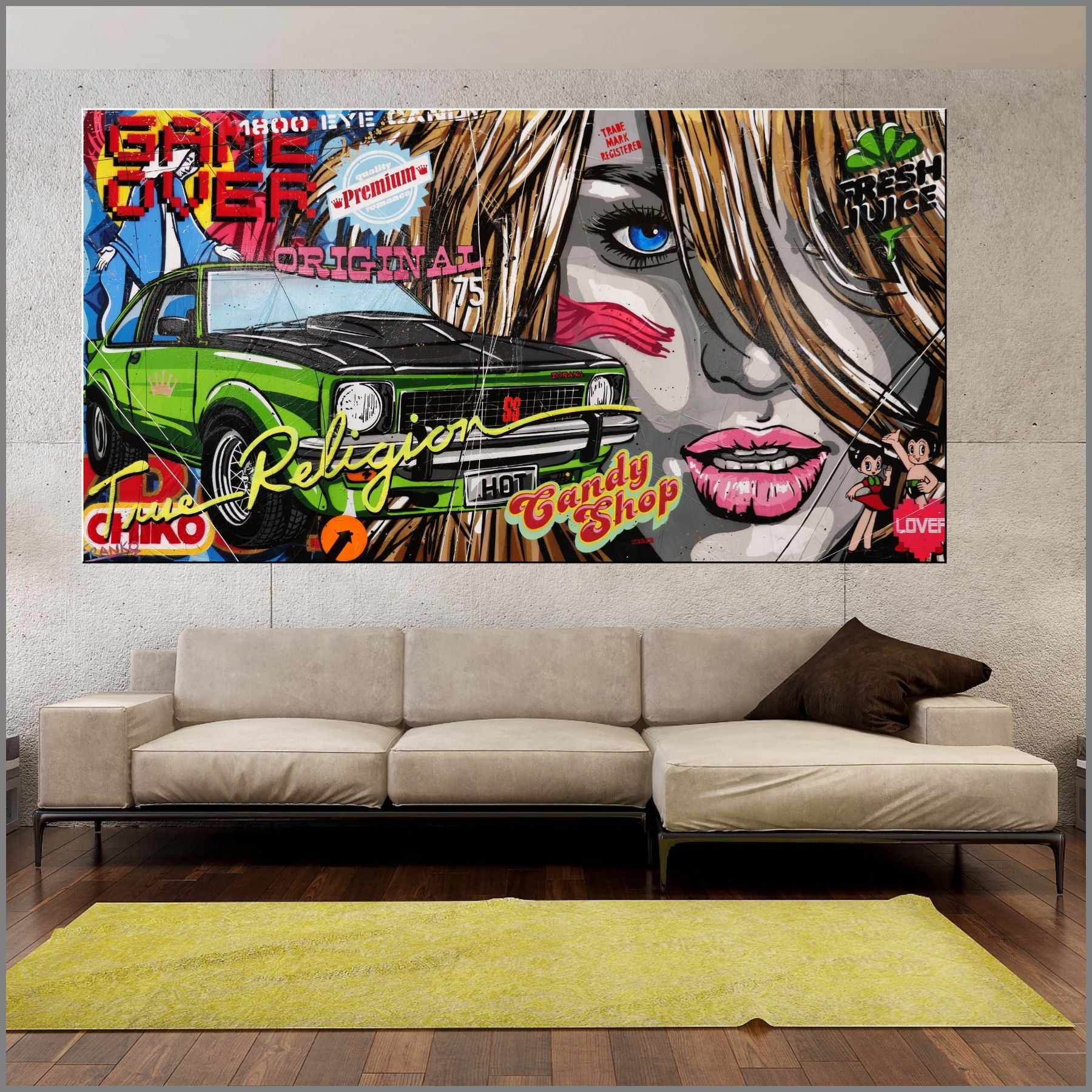 The Religion of Torana 190cm x 100cm Holden Torana Textured Urban Pop Art Painting (SOLD)-urban pop-[Franko_Artist]-[Australian_artist]-[Gold_Coast]-[Brisbane]-[modern]-[contemporary]-[original]-[Large_artwork]-[The_Block]-[Dream_Homes]-[ideas]-[Grand_Designs]-[Art_Lover]-Franklin Art Studio