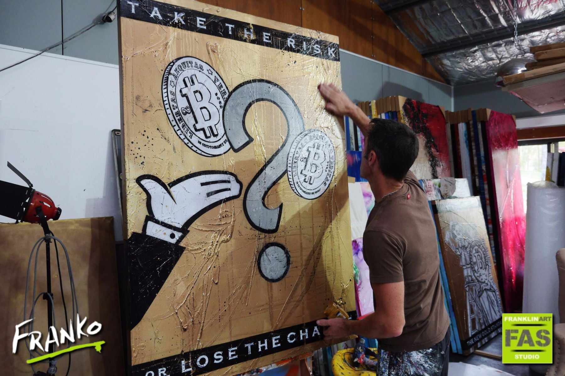 The Risk - Gold Standard 140cm x 100cm Monopoly Man Bitcoin (SOLD)-bitcoin themed-[Franko_Artist]-[The_Block]-[Dream_Homes]-[ideas]- [Grand_Designs]-Franklin Art Studio