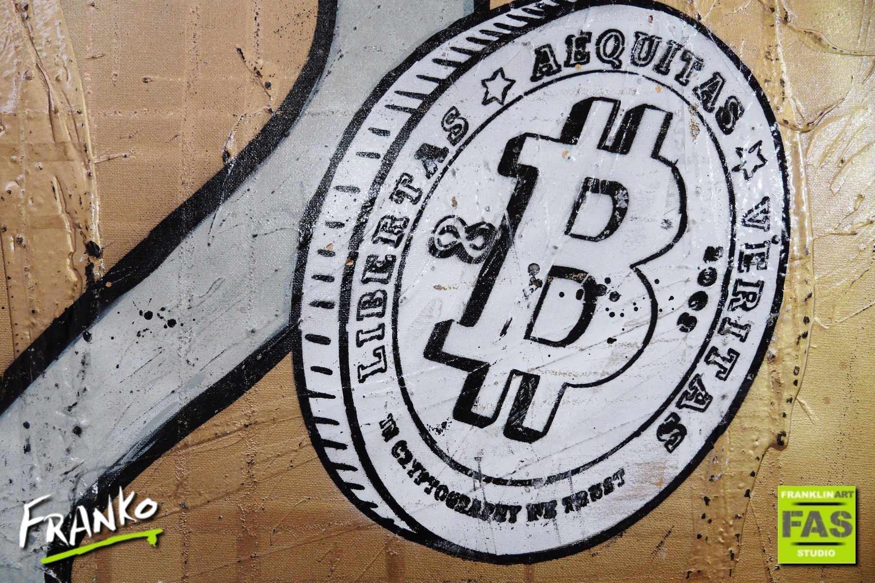The Risk - Gold Standard 140cm x 100cm Monopoly Man Bitcoin (SOLD)-bitcoin themed-[Franko]-[Artist]-[Australia]-[Painting]-Franklin Art Studio