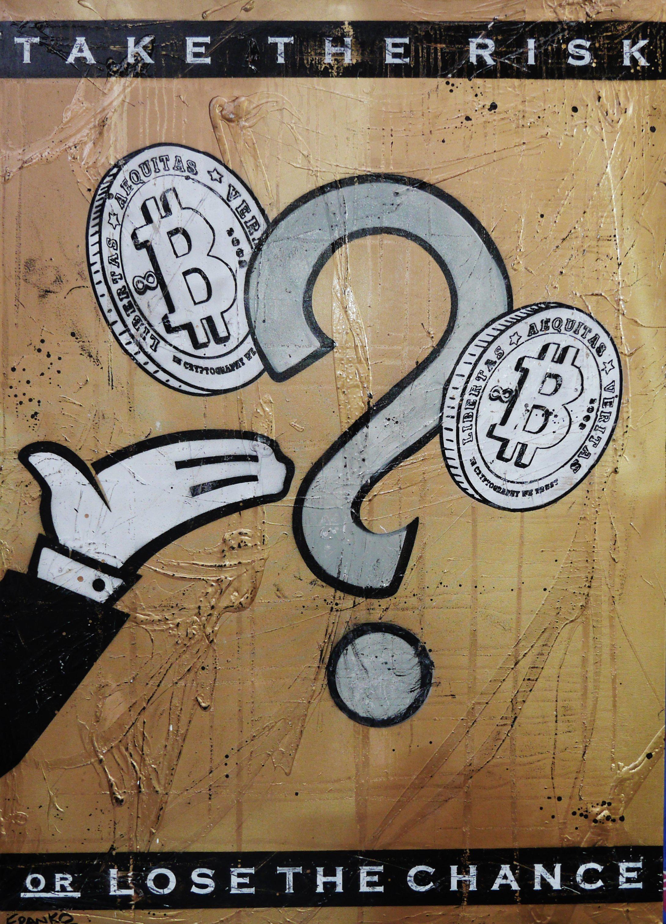 The Risk - Gold Standard 140cm x 100cm Monopoly Man Bitcoin (SOLD)-bitcoin themed-[Franko_Artist]-[Australian_artist]-[Gold_Coast]-[Brisbane]-[modern]-[contemporary]-[original]-[Large_artwork]-Franklin Art Studio