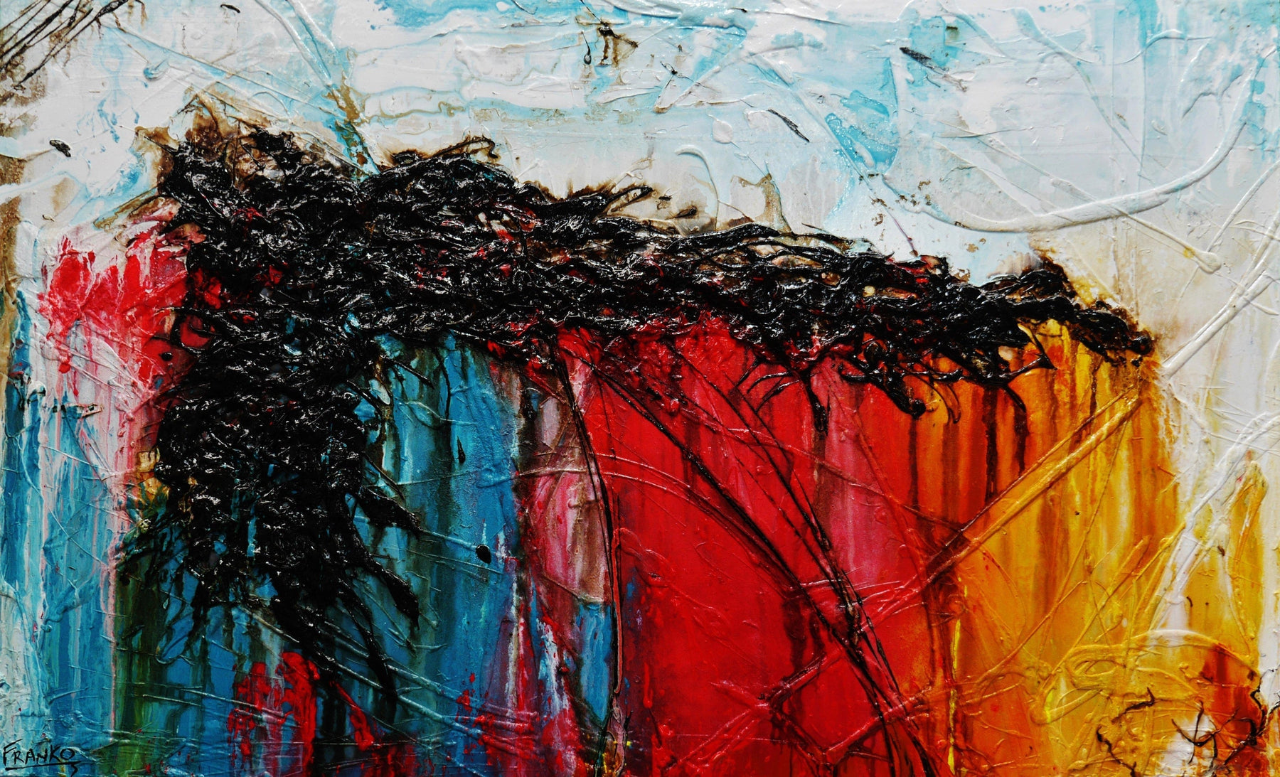 The Trippy Trip 160cm x 100cm White Black Red Yellow Blue Textured Abstract Painting (SOLD)-Abstract-[Franko_Artist]-[Australian_artist]-[Gold_Coast]-[Brisbane]-[modern]-[contemporary]-[original]-[Large_artwork]-Franklin Art Studio