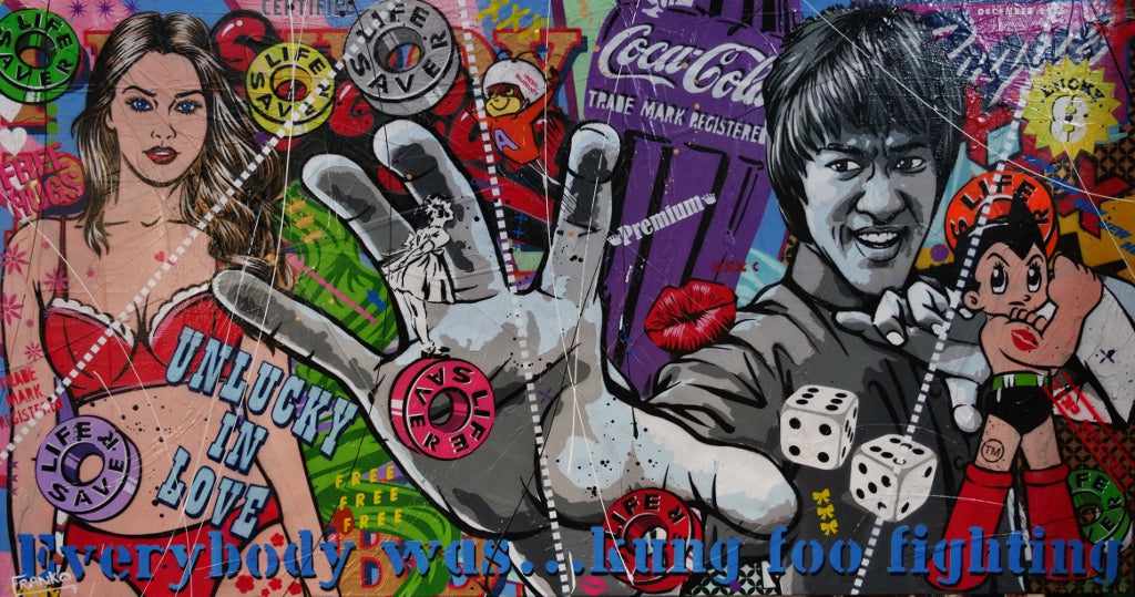 They Call Me Bruce 190cm x 100cm Bruce Lee Kung Fu Textured Urban Pop Art Painting (SOLD)-Urban Pop Art-[Franko_Artist]-[Australian_artist]-[Gold_Coast]-[Brisbane]-[modern]-[contemporary]-[original]-[Large_artwork]-Franklin Art Studio