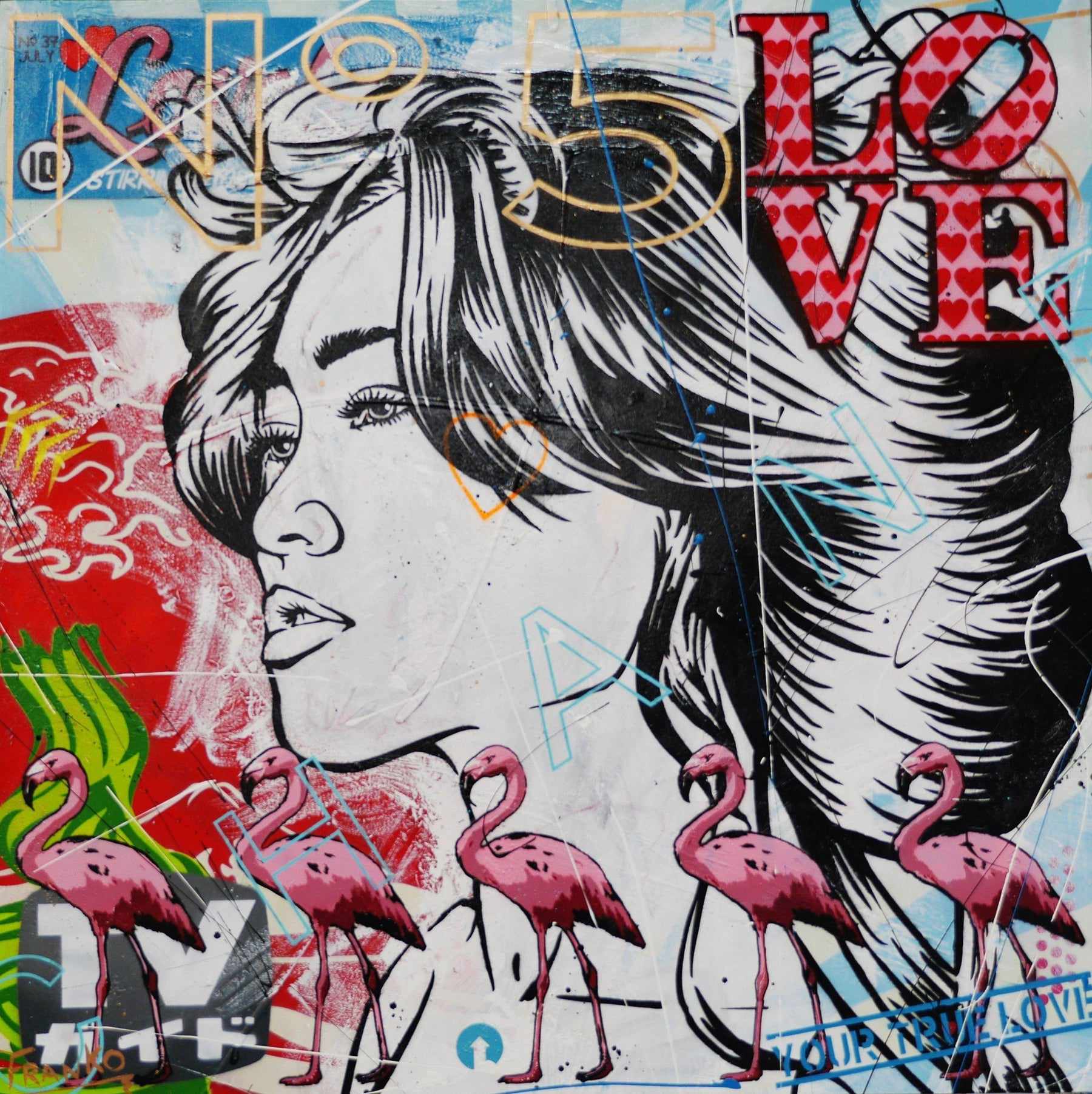 Thought 100cm x 100cm Geisha Textured Urban Pop Art Painting (SOLD)-urban pop-[Franko_Artist]-[Australian_artist]-[Gold_Coast]-[Brisbane]-[modern]-[contemporary]-[original]-[Large_artwork]-Franklin Art Studio