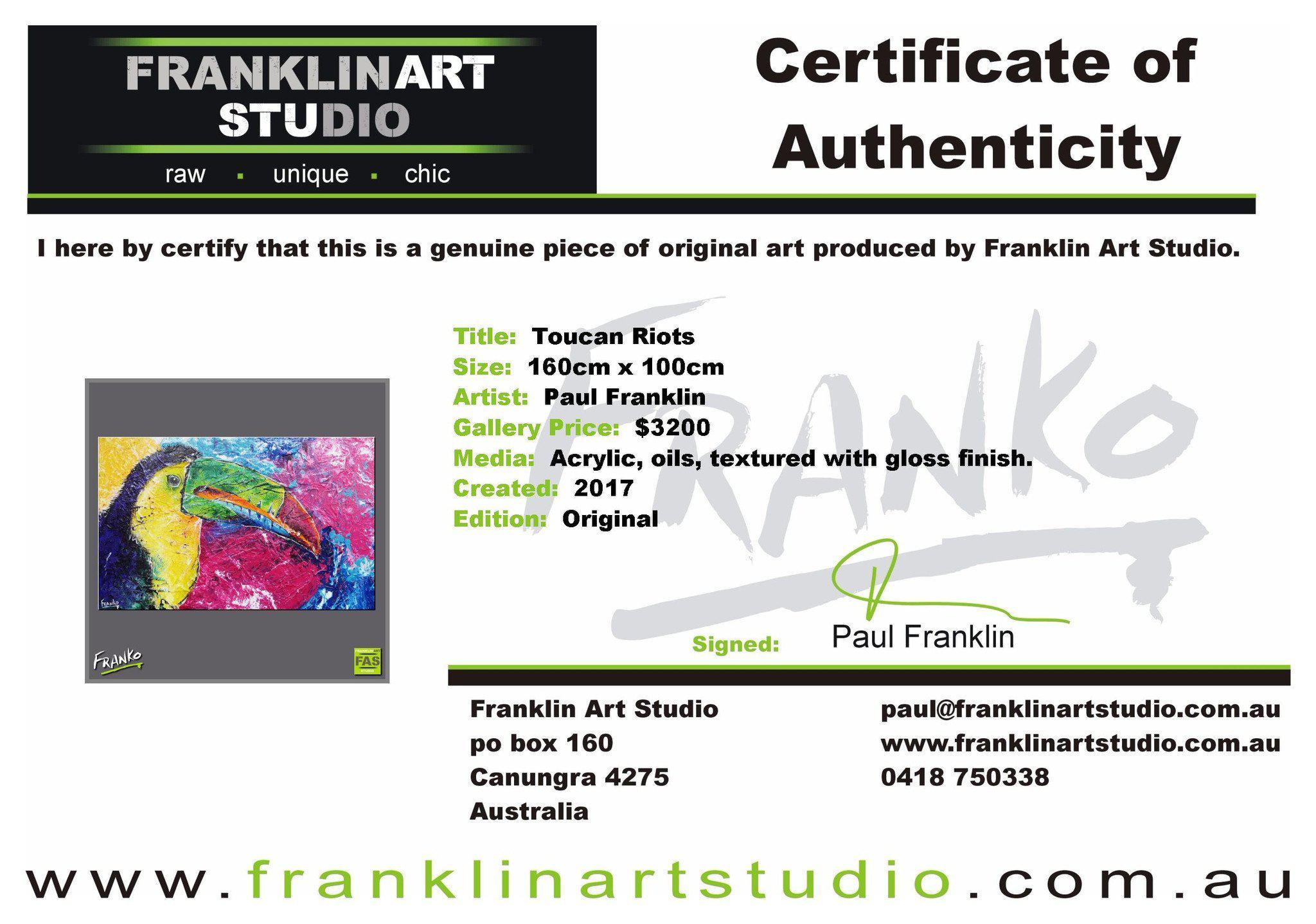Toucan Riots 160cm x 100cm Toucan Painting (SOLD)-Animals-[Franko_Artist]-[The_Block]-[Dream_Homes]-[ideas]- [Grand_Designs]-Franklin Art Studio