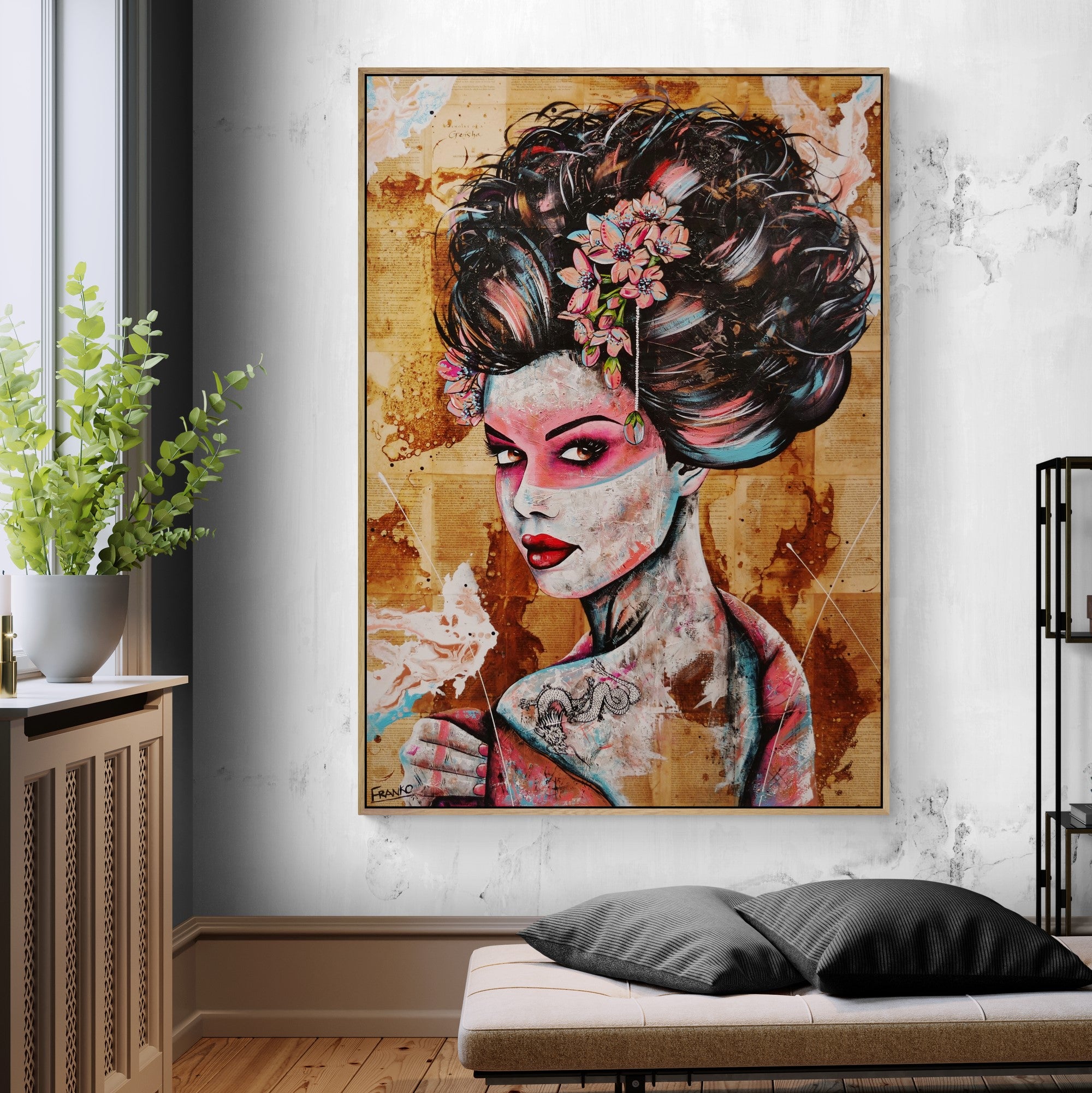 White Dragon 140cm x 100cm Euro Geisha Abstract Realism Book Club Painting (SOLD)-book club-[Franko_Artist]-[Australian_artist]-[Gold_Coast]-[Brisbane]-[modern]-[contemporary]-[original]-[Large_artwork]-[The_Block]-[Dream_Homes]-[ideas]-[Grand_Designs]-[Art_Lover]-Franklin Art Studio