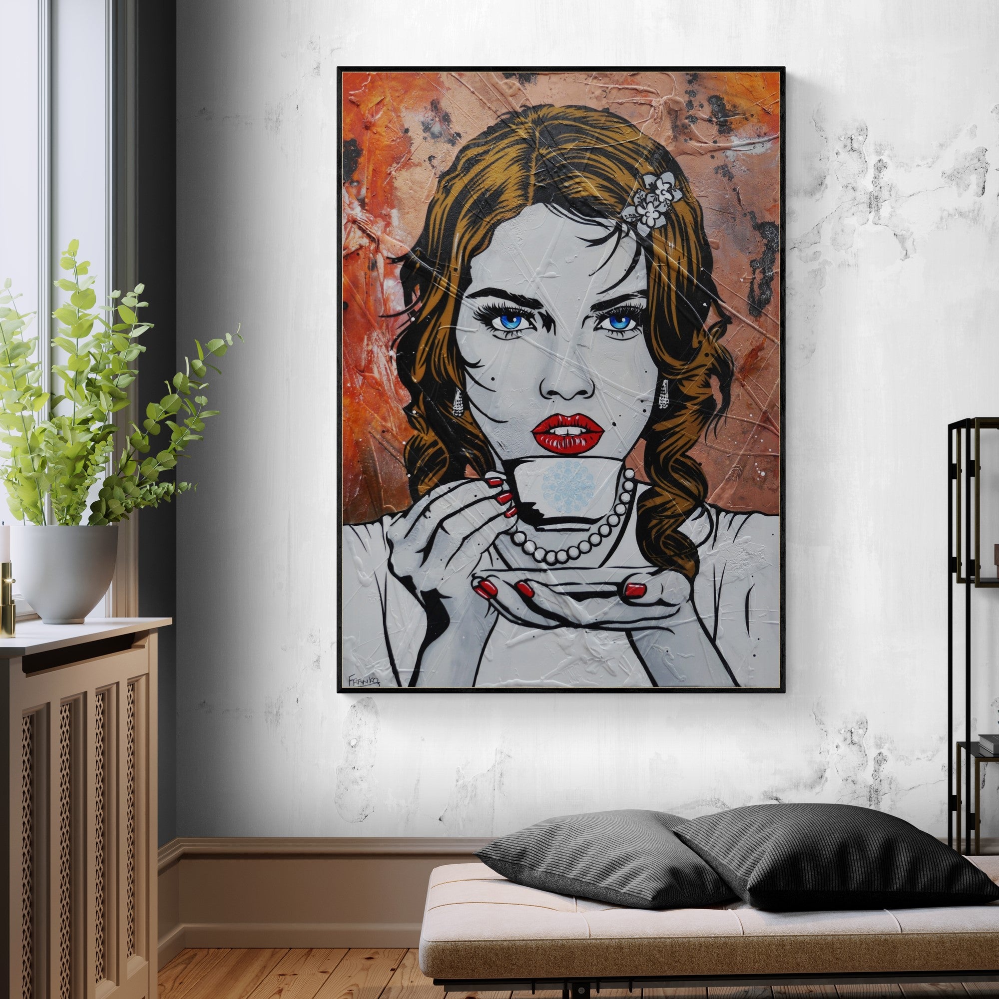Ahhh! 140cm x 100cm Coffee Girl Textured Urban Pop Art Painting (SOLD)-Urban Pop Art-[Franko_Artist]-[Australian_artist]-[Gold_Coast]-[Brisbane]-[modern]-[contemporary]-[original]-[Large_artwork]-[The_Block]-[Dream_Homes]-[ideas]-[Grand_Designs]-[Art_Lover]-Franklin Art Studio