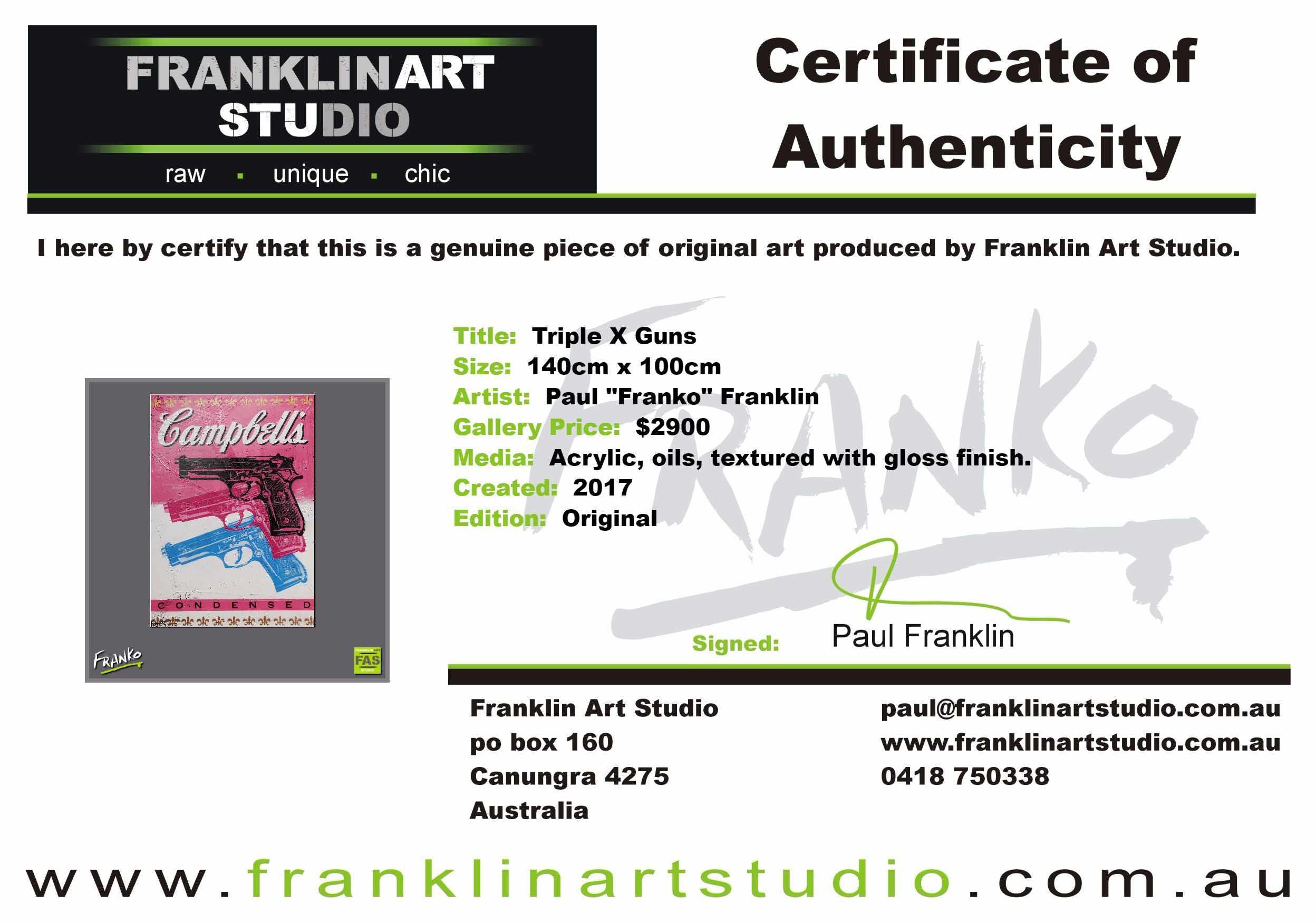 Triple X Guns 140cm x 100cm Guns Pop Art Painting Campbells (SOLD)-urban pop-[Franko_Artist]-[The_Block]-[Dream_Homes]-[ideas]-[Grand_Designs]-[Art_Lover]-Franklin Art Studio