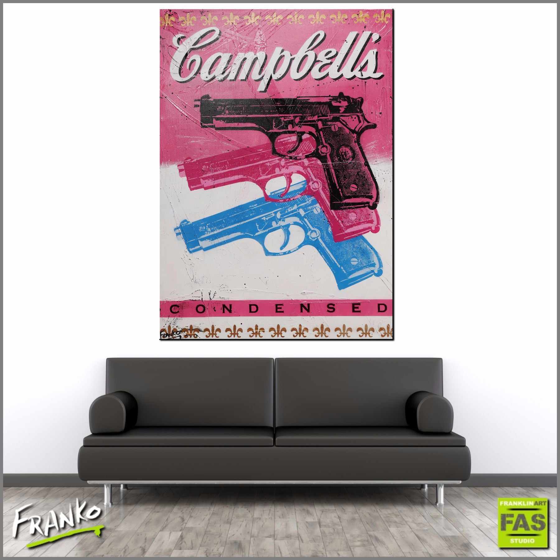 Triple X Guns 140cm x 100cm Guns Pop Art Painting Campbells (SOLD)-urban pop-[Franko_Artist]-[Australian_artist]-[Gold_Coast]-[Brisbane]-[modern]-[contemporary]-[original]-[Large_artwork]-[The_Block]-[Dream_Homes]-[ideas]-[Grand_Designs]-[Art_Lover]-Franklin Art Studio