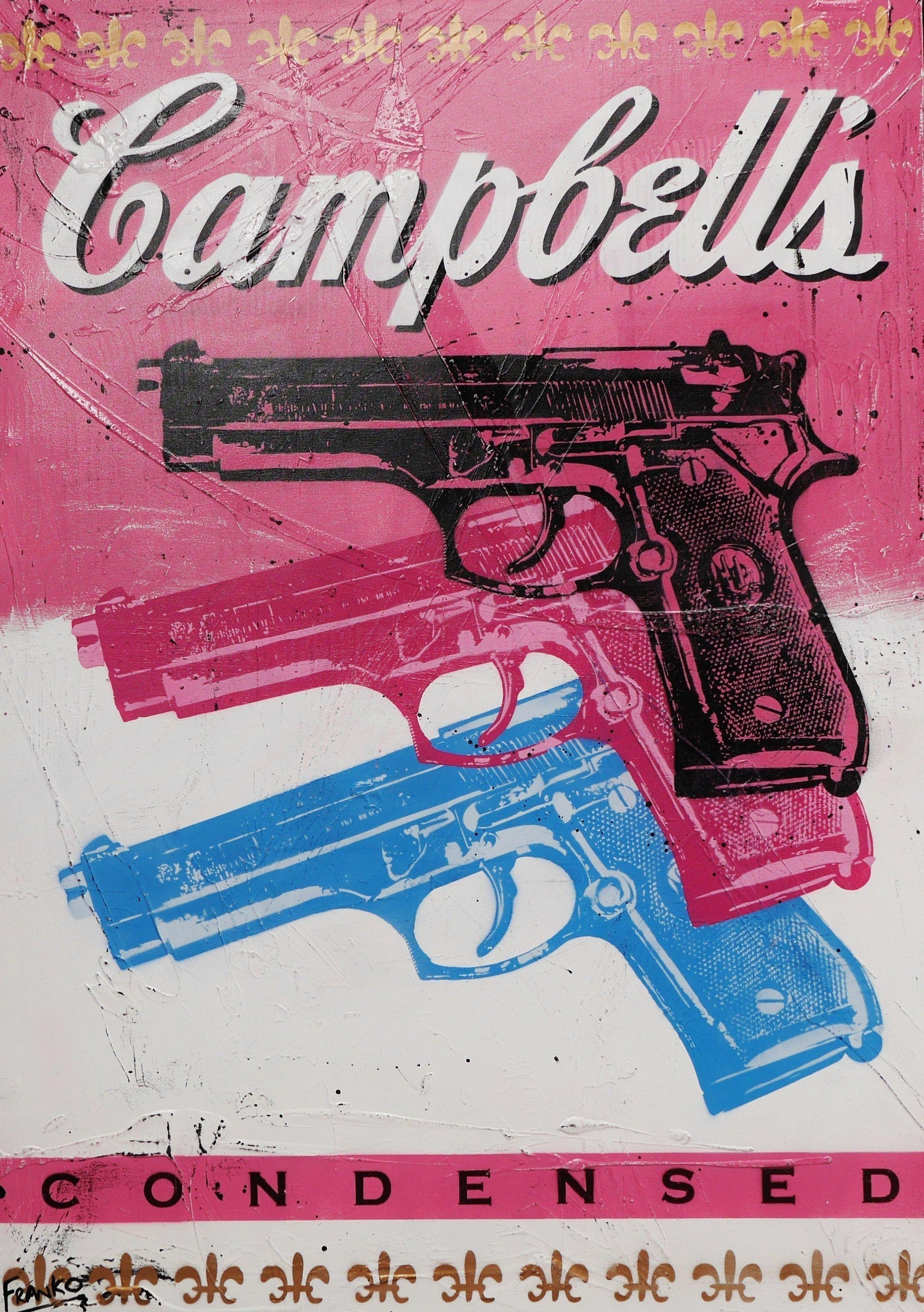 Triple X Guns 140cm x 100cm Guns Pop Art Painting Campbells (SOLD)-urban pop-[Franko_Artist]-[Australian_artist]-[Gold_Coast]-[Brisbane]-[modern]-[contemporary]-[original]-[Large_artwork]-Franklin Art Studio