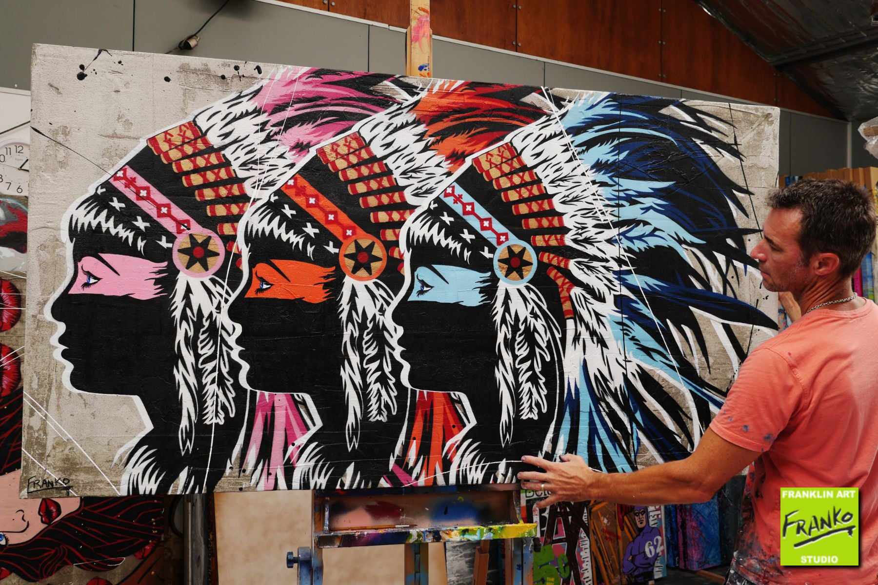 Triplex 190cm x 100cm Indian Headdress Textured Urban Pop Art Painting (SOLD)-concrete-[Franko_Artist]-[The_Block]-[Dream_Homes]-[ideas]- [Grand_Designs]-Franklin Art Studio