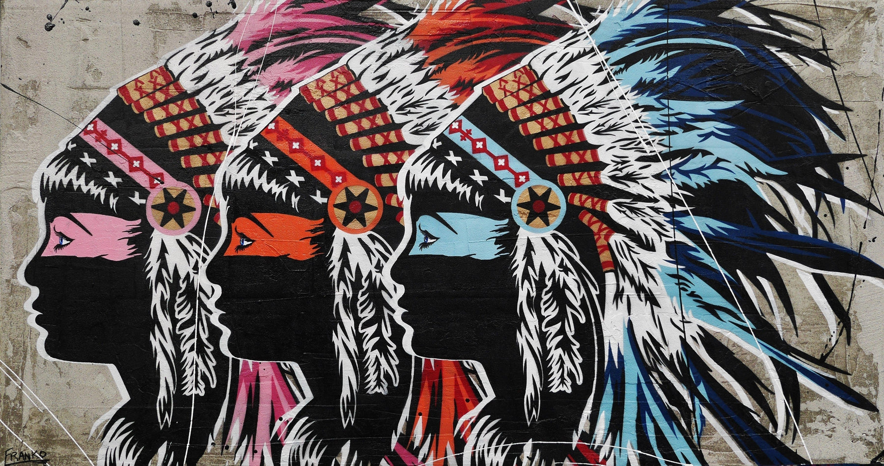 Triplex 190cm x 100cm Indian Headdress Textured Urban Pop Art Painting (SOLD)-concrete-[Franko_Artist]-[Australian_artist]-[Gold_Coast]-[Brisbane]-[modern]-[contemporary]-[original]-[Large_artwork]-Franklin Art Studio