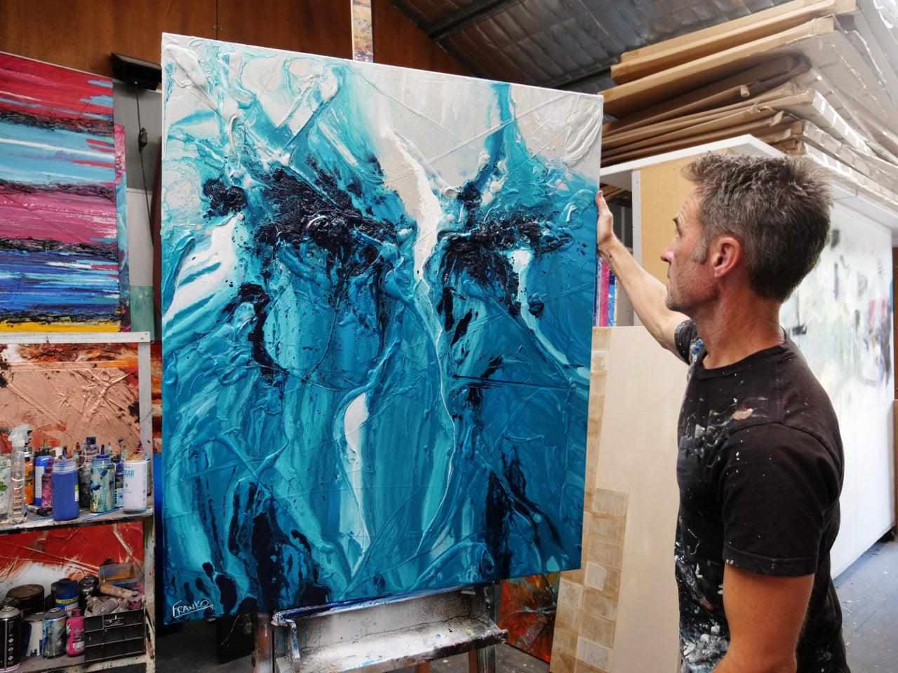 Turquoise Moon 120cm x 100cm Malt Teal Textured Abstract Painting (SOLD)-Abstract-[Franko_Artist]-[The_Block]-[Dream_Homes]-[ideas]- [Grand_Designs]-Franklin Art Studio