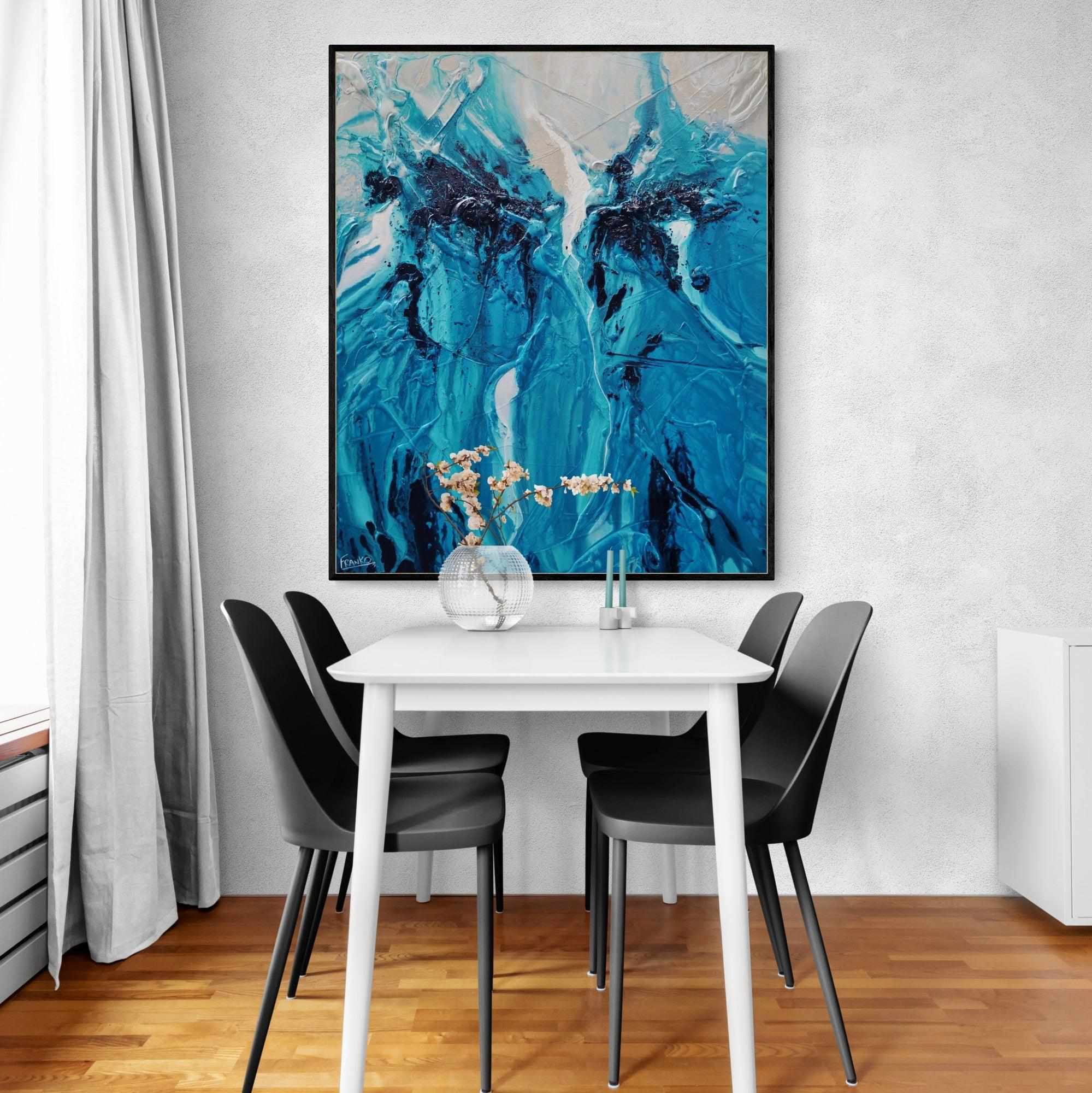 Turquoise Moon 120cm x 100cm Malt Teal Textured Abstract Painting (SOLD)-Abstract-[Franko_Artist]-[The_Block]-[Dream_Homes]-[ideas]-[Grand_Designs]-[Art_Lover]-Franklin Art Studio
