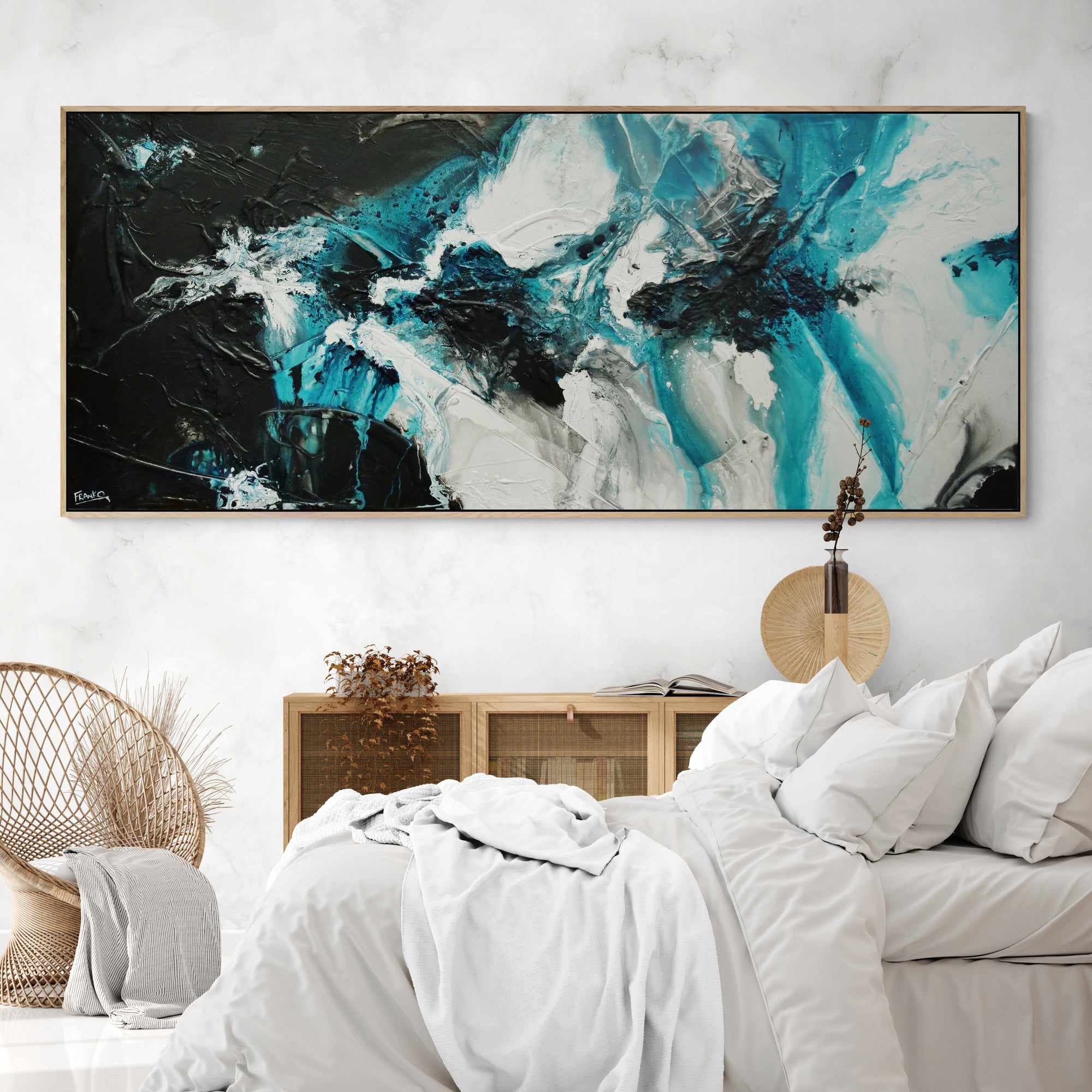 Turquoise Oceans 240cm x 100cm Teal Black White Textured Abstract Painting (SOLD)-Abstract-[Franko_Artist]-[The_Block]-[Dream_Homes]-[ideas]- [Grand_Designs]-Franklin Art Studio