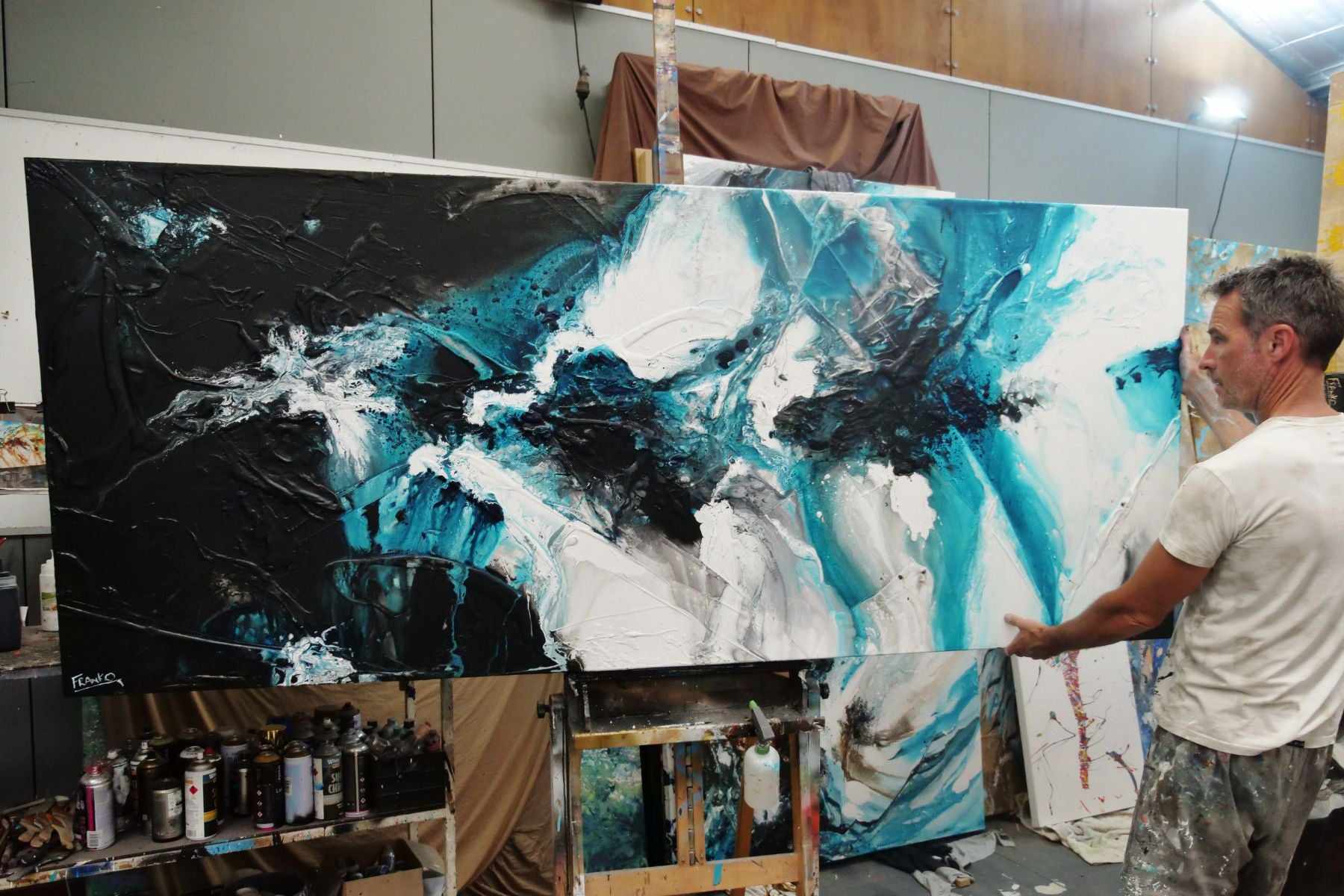 Turquoise Oceans 240cm x 100cm Teal Black White Textured Abstract Painting (SOLD)-Abstract-[Franko_Artist]-[The_Block]-[Dream_Homes]-[ideas]-[Grand_Designs]-[Art_Lover]-Franklin Art Studio