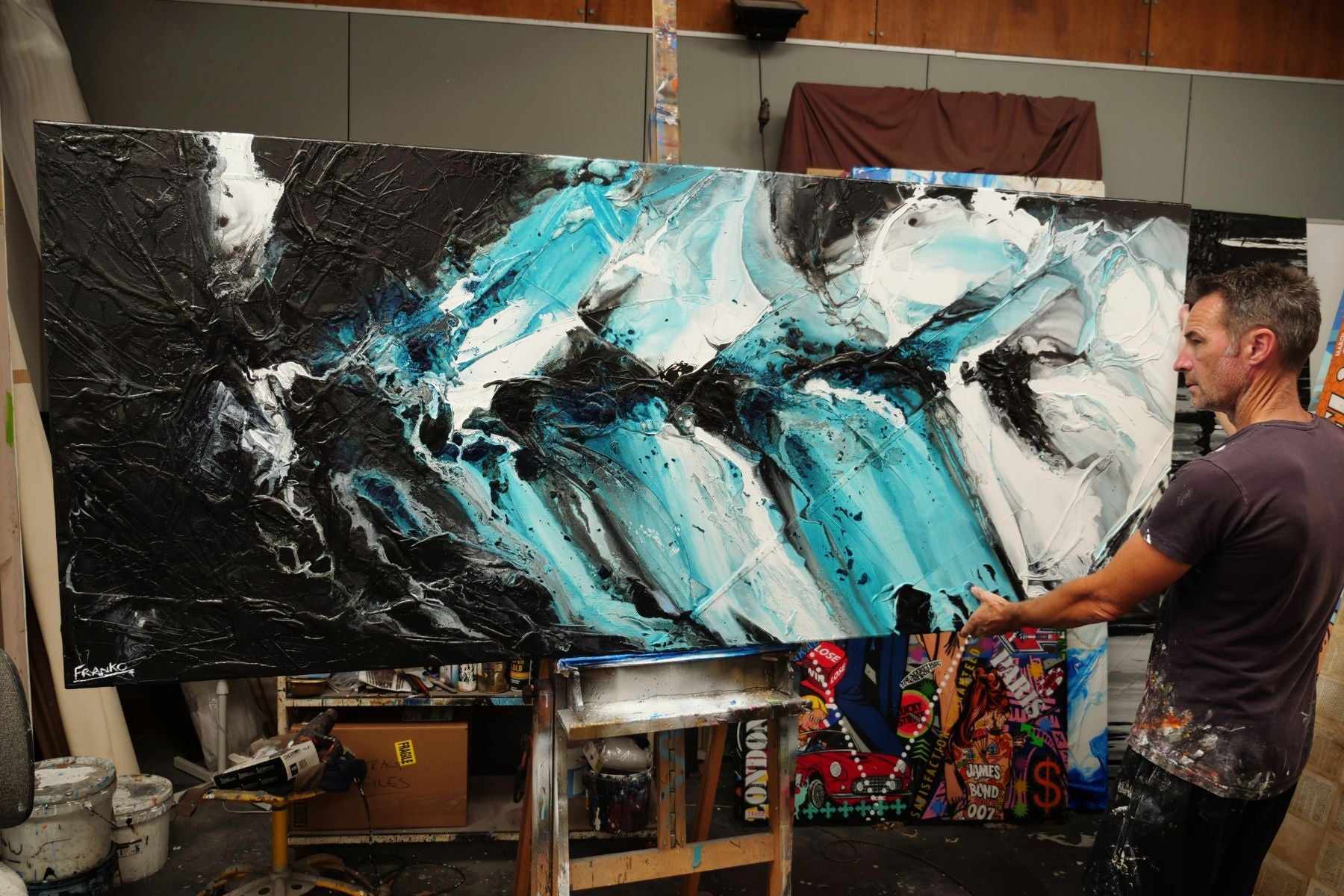 Turquoise Rapture 240cm x 100cm Black Turquoise White Textured Abstract Painting (SOLD)-Abstract-[Franko_Artist]-[The_Block]-[Dream_Homes]-[ideas]- [Grand_Designs]-Franklin Art Studio