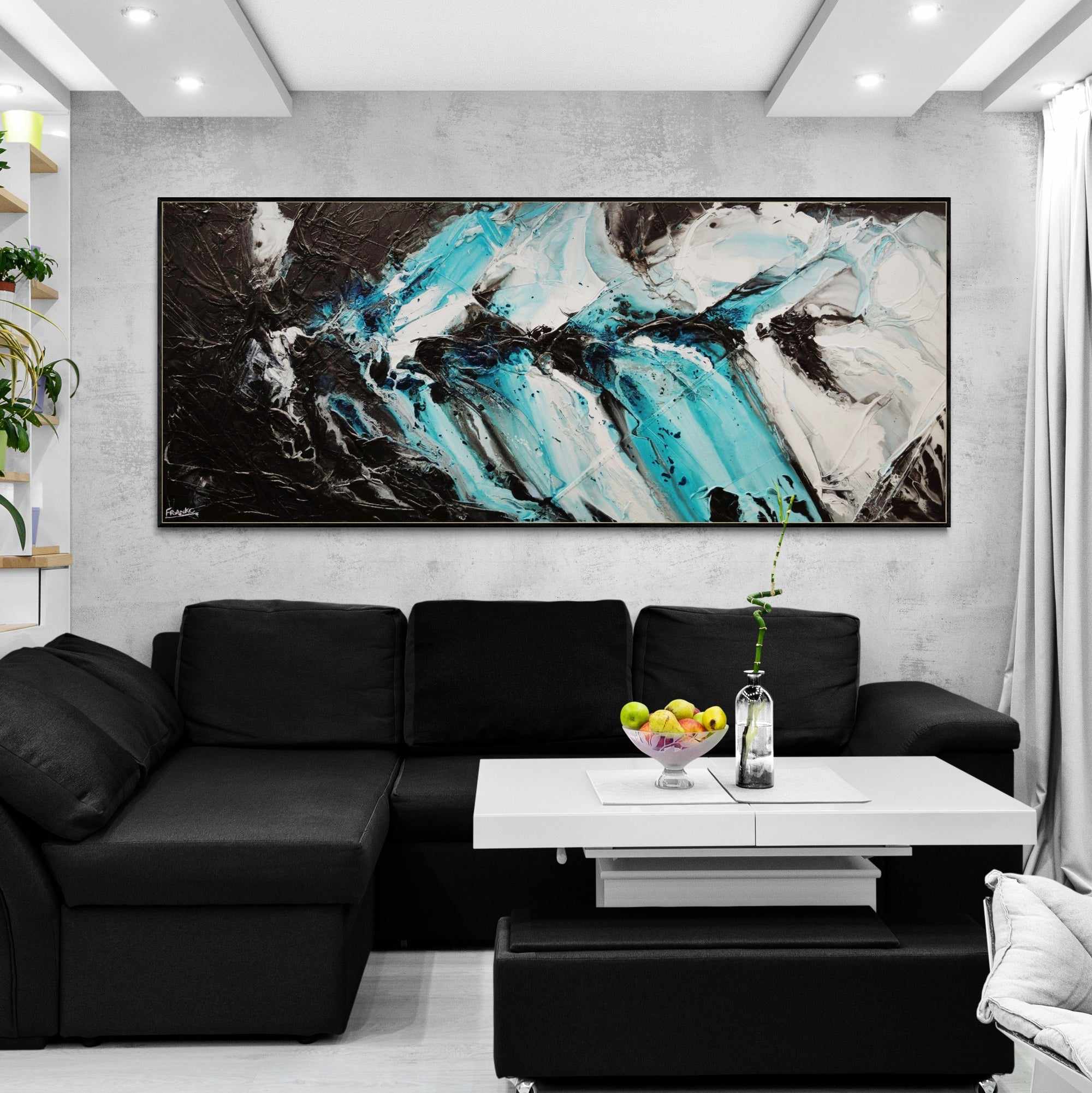 Turquoise Rapture 240cm x 100cm Black Turquoise White Textured Abstract Painting (SOLD)-Abstract-[Franko_Artist]-[The_Block]-[Dream_Homes]-[ideas]-[Grand_Designs]-[Art_Lover]-Franklin Art Studio