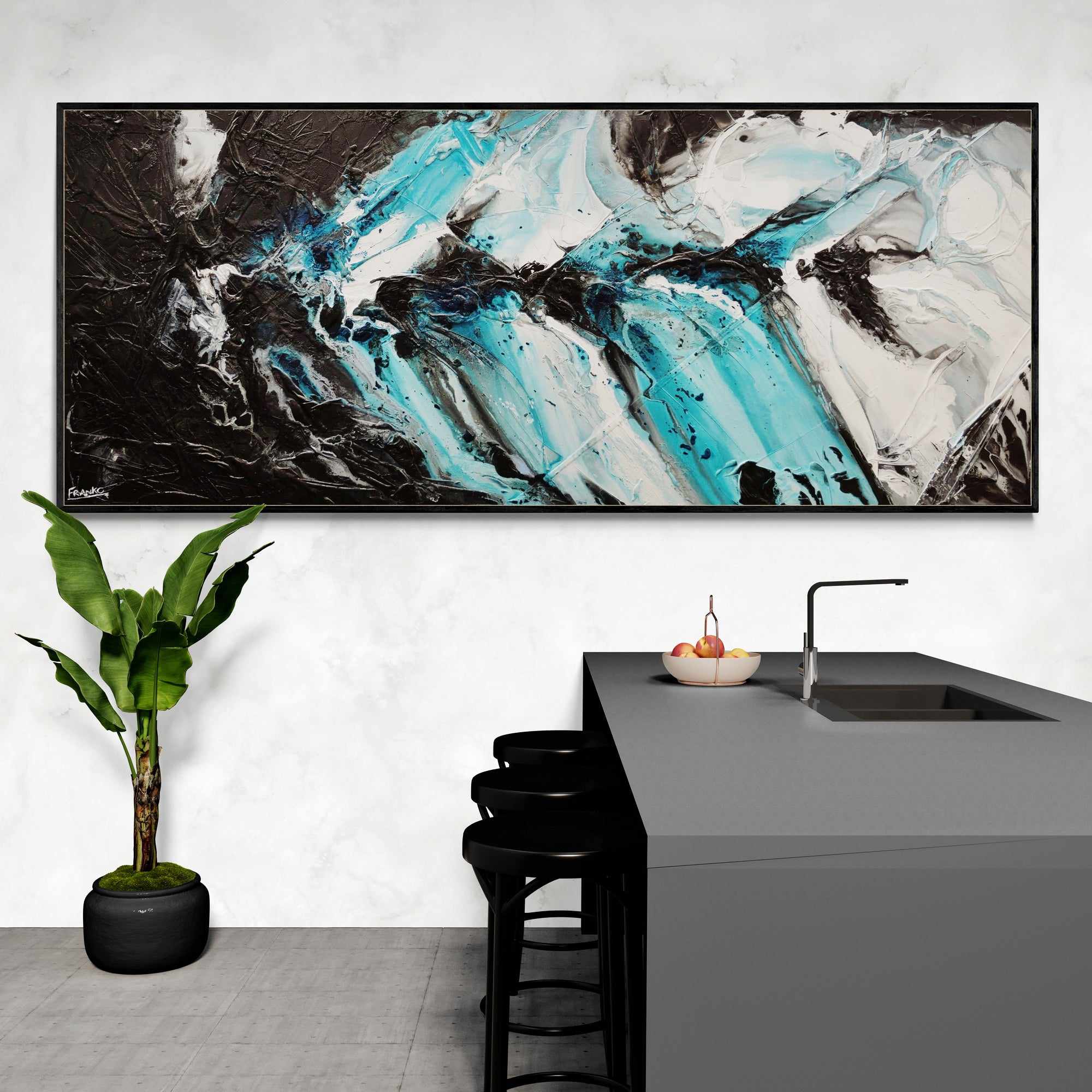 Turquoise Rapture 240cm x 100cm Black Turquoise White Textured Abstract Painting (SOLD)-Abstract-[Franko_Artist]-[Australian_artist]-[Gold_Coast]-[Brisbane]-[modern]-[contemporary]-[original]-[Large_artwork]-[The_Block]-[Dream_Homes]-[ideas]-[Grand_Designs]-[Art_Lover]-Franklin Art Studio