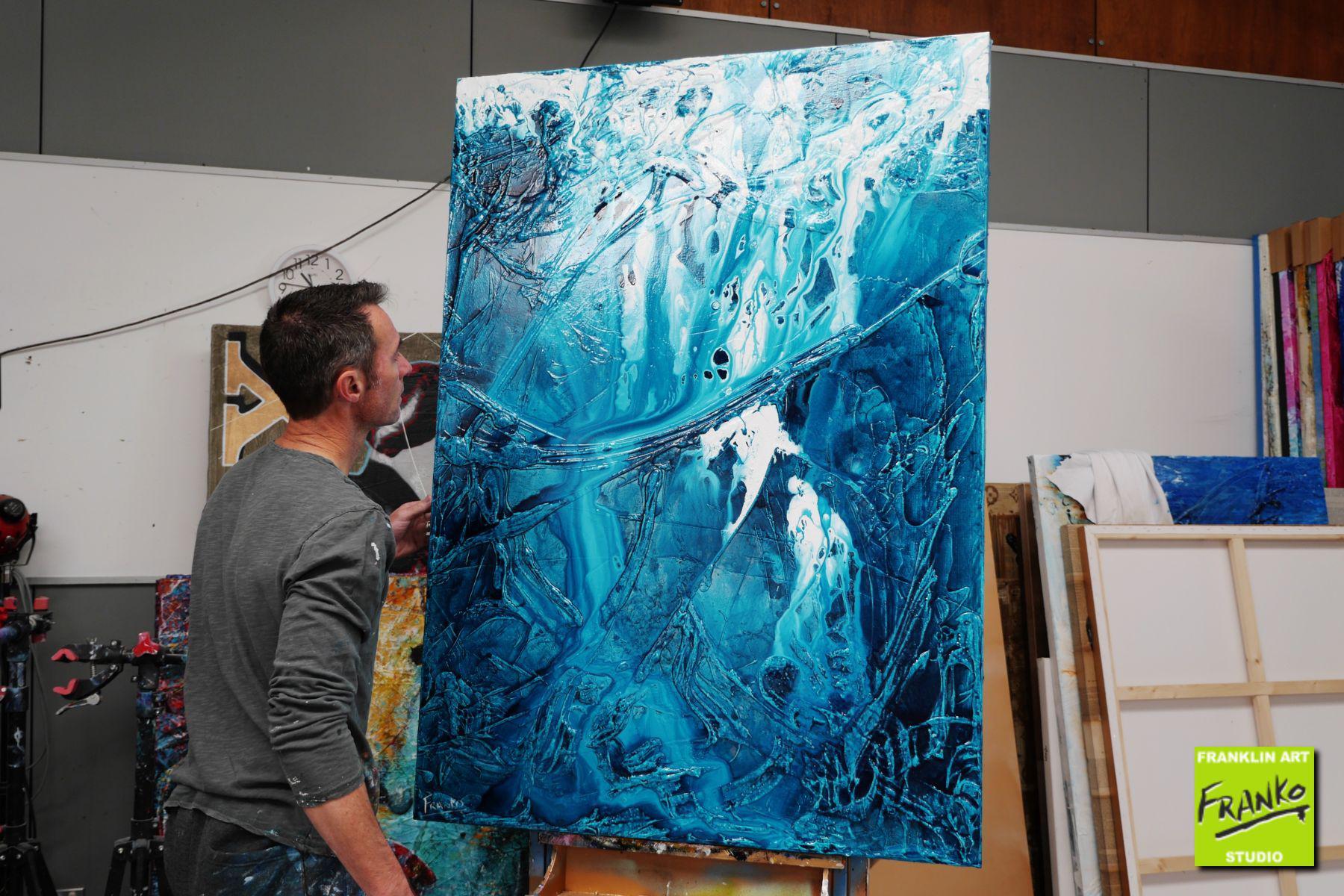 Turquoise Style 140cm x 100cm Blue White Textured Abstract Painting (SOLD)-Abstract-[Franko_Artist]-[The_Block]-[Dream_Homes]-[ideas]- [Grand_Designs]-Franklin Art Studio
