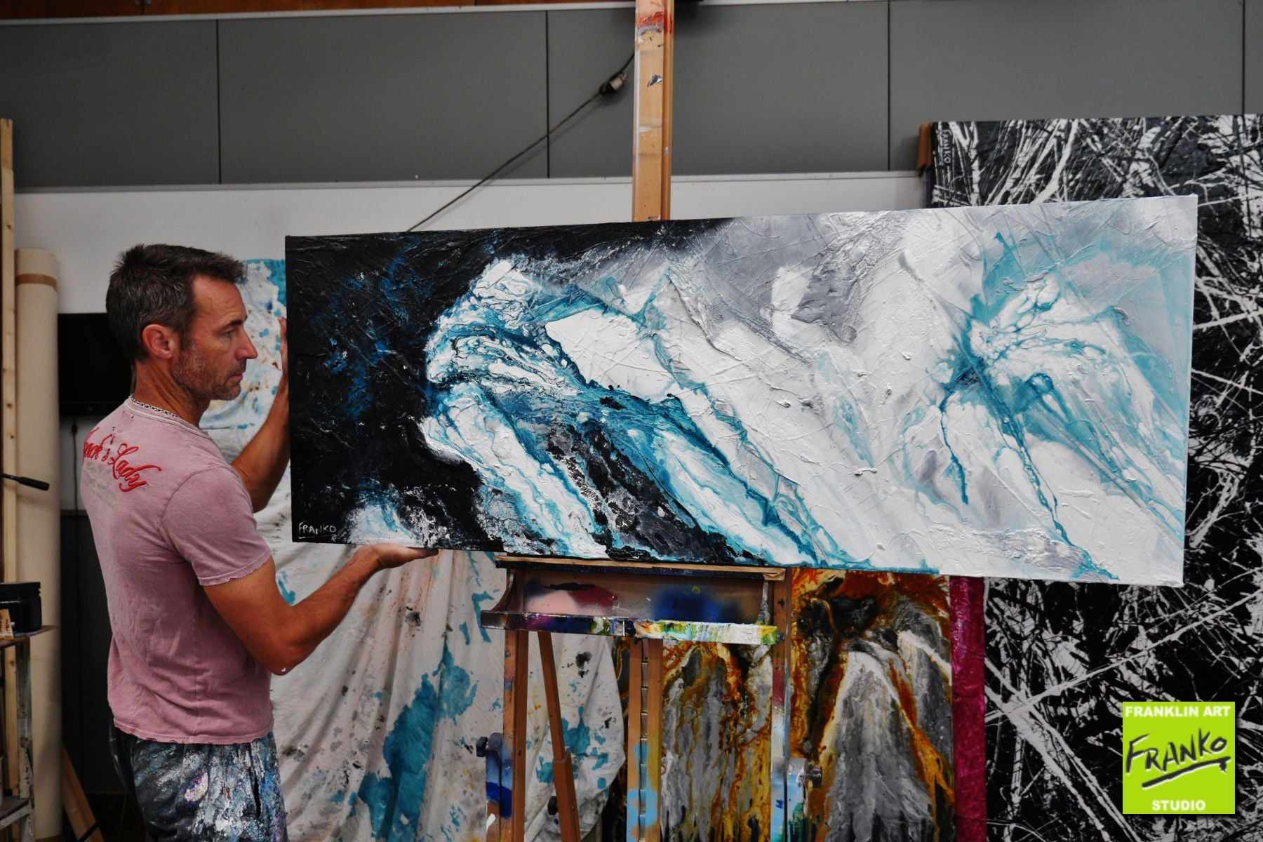 Turquoise Substance 160cm x 60cm Turquoise Black White Textured Abstract Painting (SOLD)-Abstract-[Franko_Artist]-[The_Block]-[Dream_Homes]-[ideas]- [Grand_Designs]-Franklin Art Studio