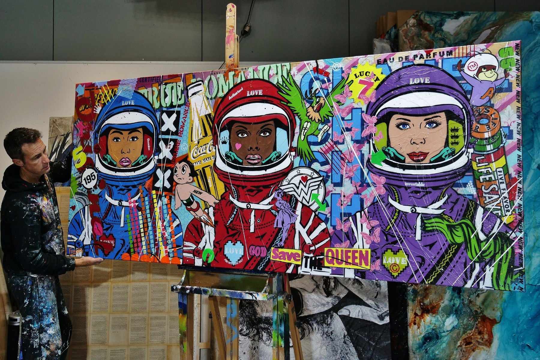 United Colours of Love 240cm x 100cm Space Cadets Textured Urban Pop Art Painting (SOLD)-urban pop-[Franko_Artist]-[The_Block]-[Dream_Homes]-[ideas]- [Grand_Designs]-Franklin Art Studio