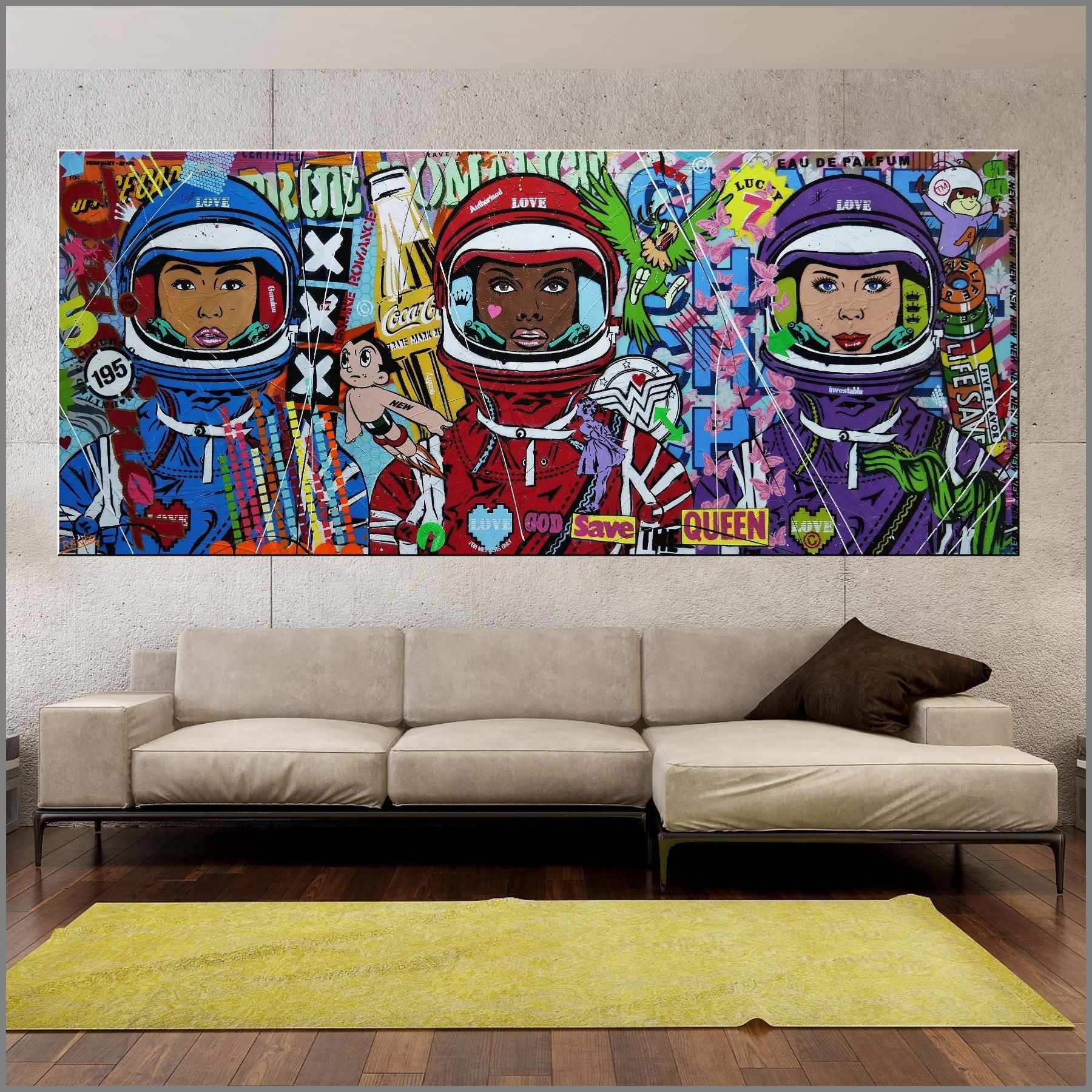 United Colours of Love 240cm x 100cm Space Cadets Textured Urban Pop Art Painting (SOLD)-urban pop-[Franko_Artist]-[Australian_artist]-[Gold_Coast]-[Brisbane]-[modern]-[contemporary]-[original]-[Large_artwork]-[The_Block]-[Dream_Homes]-[ideas]-[Grand_Designs]-[Art_Lover]-Franklin Art Studio