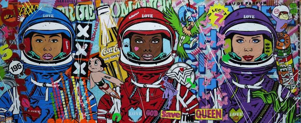 United Colours of Love 240cm x 100cm Space Cadets Textured Urban Pop Art Painting (SOLD)-urban pop-[Franko_Artist]-[Australian_artist]-[Gold_Coast]-[Brisbane]-[modern]-[contemporary]-[original]-[Large_artwork]-Franklin Art Studio