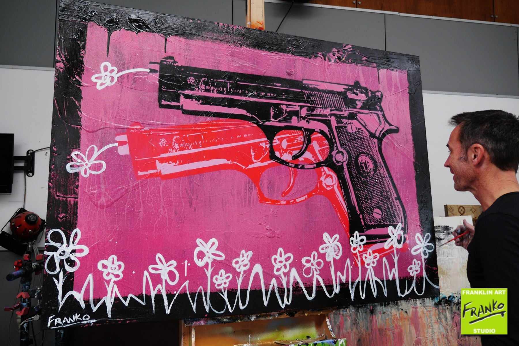 Vandalized 140cm x 100cm Andy Warhol Pink Guns Textured Urban Pop Art Painting (SOLD)-urban pop-[Franko_Artist]-[The_Block]-[Dream_Homes]-[ideas]-[Grand_Designs]-[Art_Lover]-Franklin Art Studio