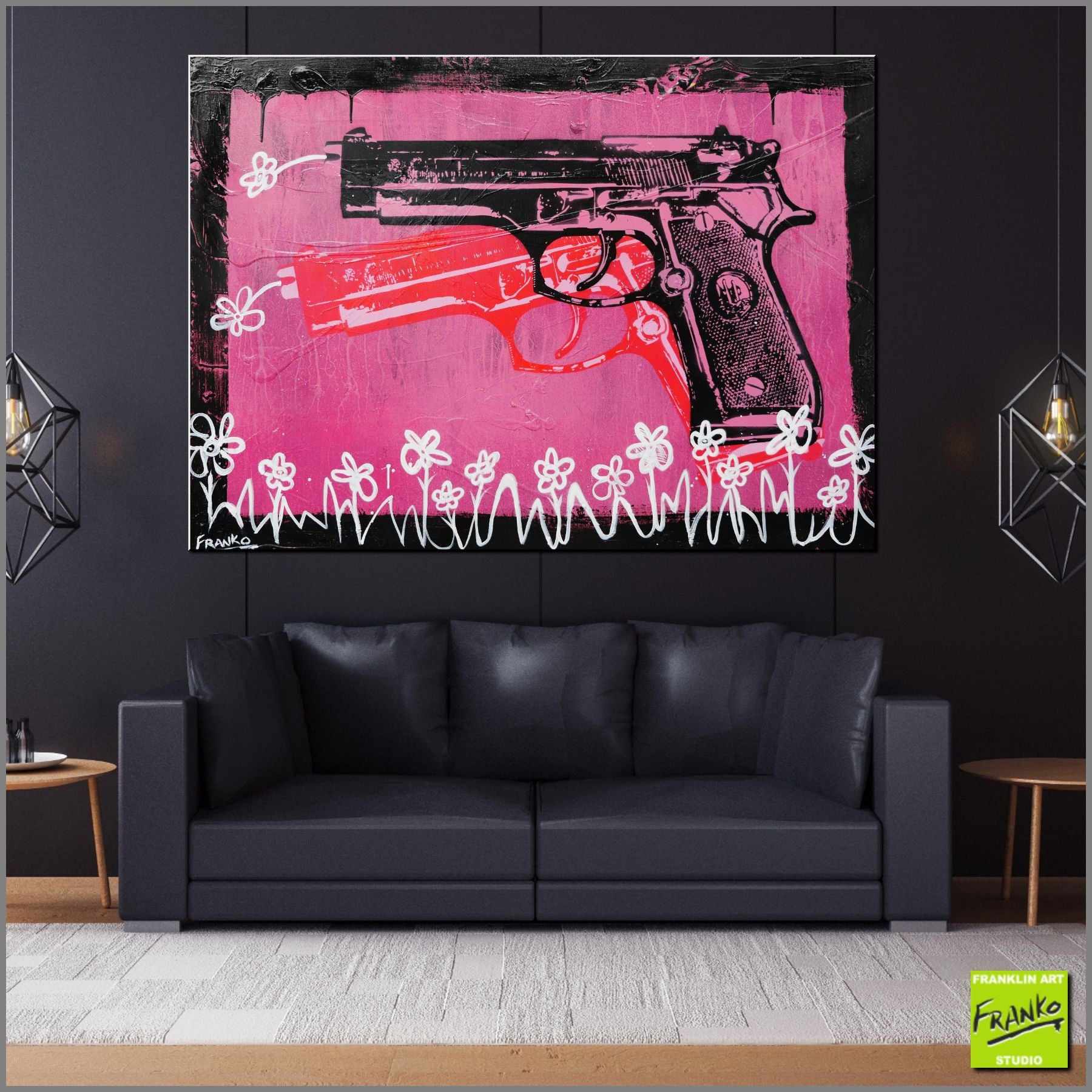 Vandalized 140cm x 100cm Andy Warhol Pink Guns Textured Urban Pop Art Painting (SOLD)-urban pop-[Franko_Artist]-[Australian_artist]-[Gold_Coast]-[Brisbane]-[modern]-[contemporary]-[original]-[Large_artwork]-[The_Block]-[Dream_Homes]-[ideas]-[Grand_Designs]-[Art_Lover]-Franklin Art Studio