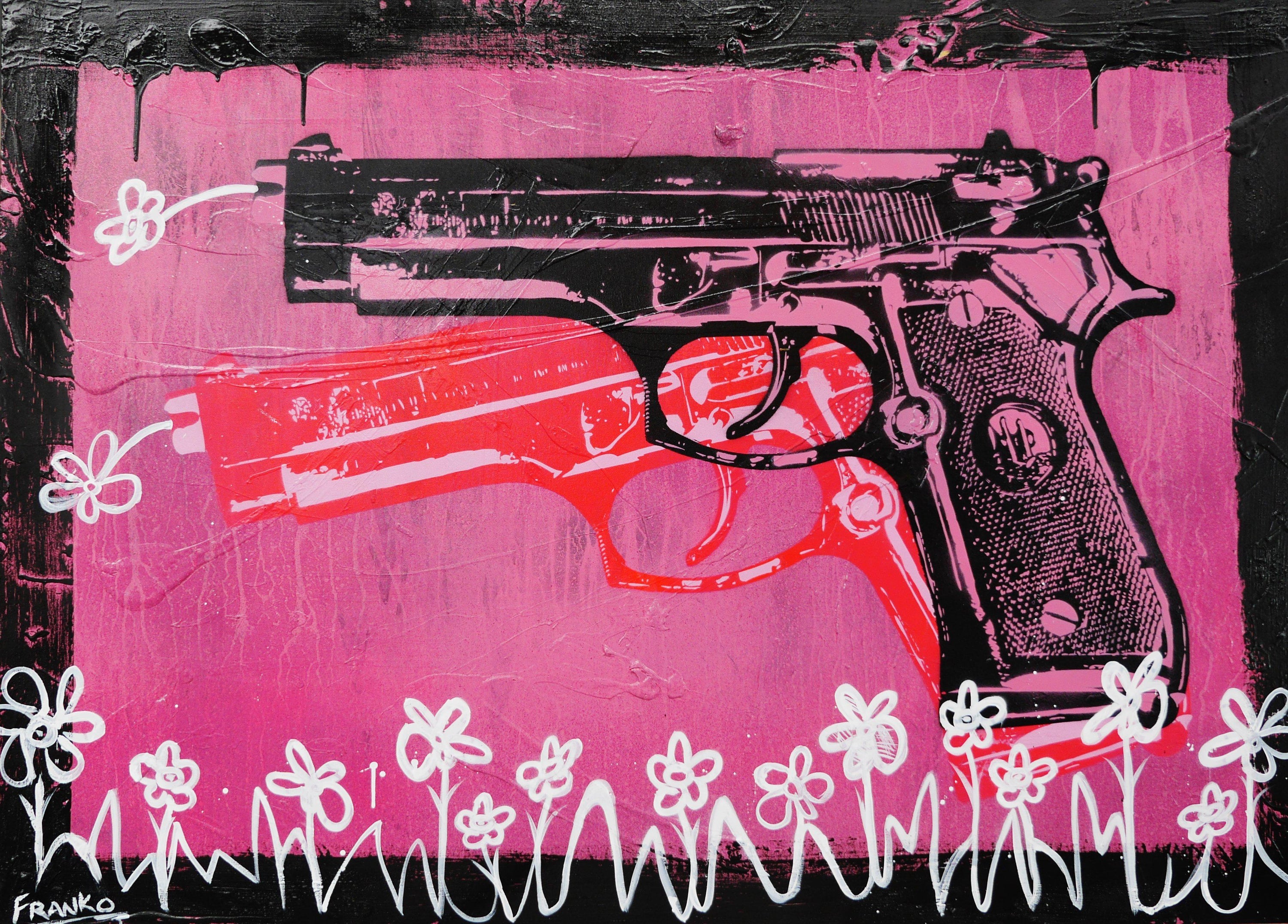 Vandalized 140cm x 100cm Andy Warhol Pink Guns Textured Urban Pop Art Painting (SOLD)-urban pop-[Franko_Artist]-[Australian_artist]-[Gold_Coast]-[Brisbane]-[modern]-[contemporary]-[original]-[Large_artwork]-Franklin Art Studio