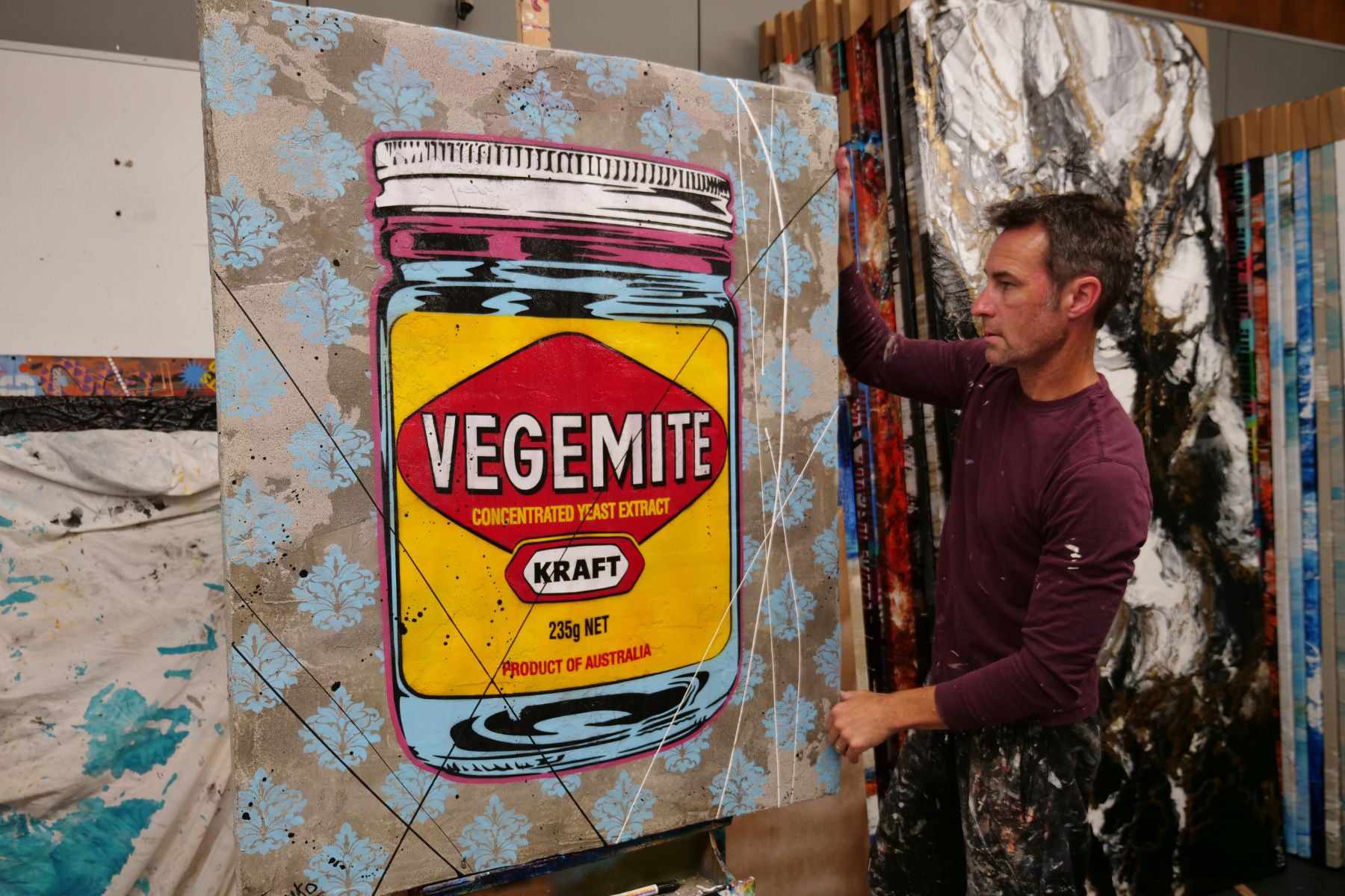 Vegemite Might 120cm x 100cm Vegemite Textured Urban Pop Art Painting (SOLD)-concrete-[Franko_Artist]-[The_Block]-[Dream_Homes]-[ideas]- [Grand_Designs]-Franklin Art Studio