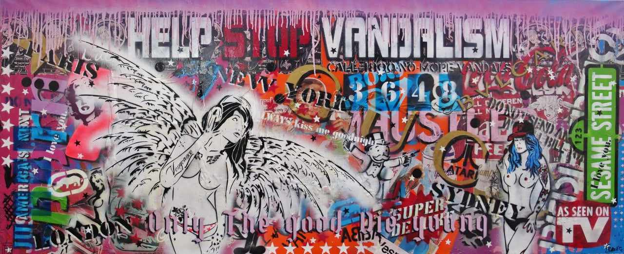 Vintage Angelic 240cm x 100cm Angel Textured Urban Pop Art Painting-Urban Pop Art-[Franko_Artist]-[Australian_artist]-[Gold_Coast]-[Brisbane]-[modern]-[contemporary]-[original]-[Large_artwork]-Franklin Art Studio