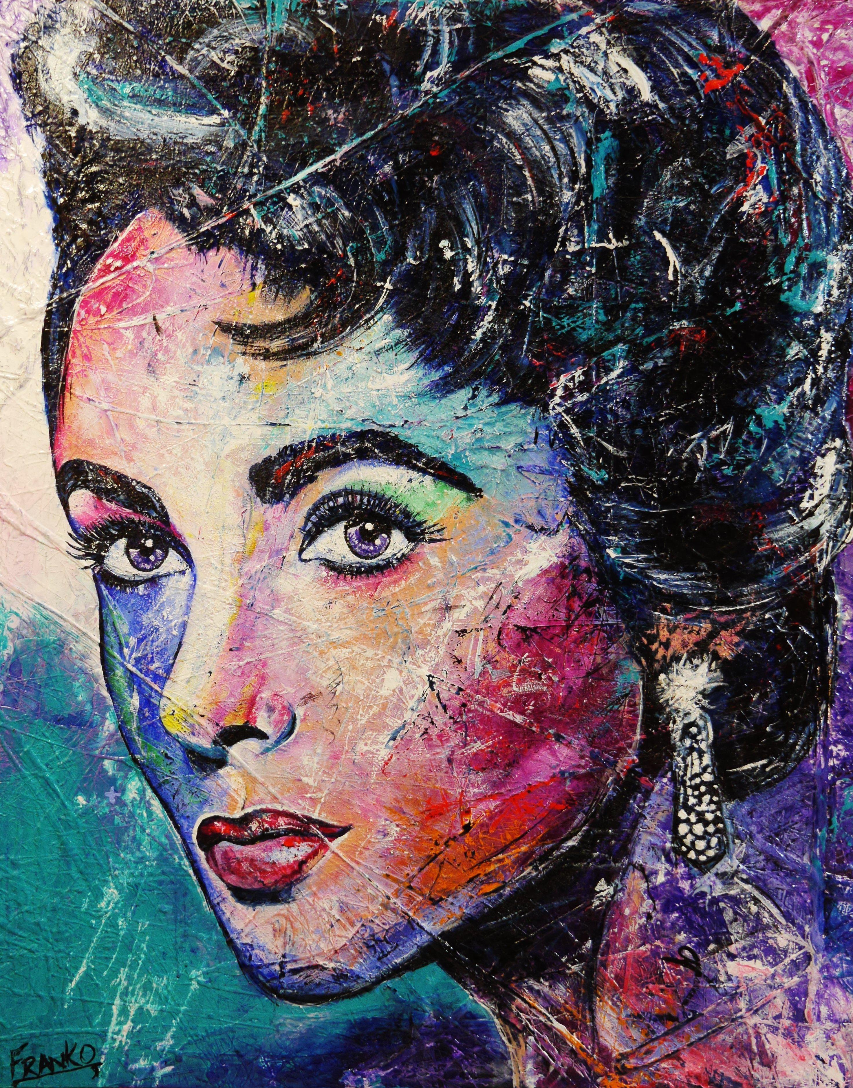 Violet Liz 120cm x 150cm Elizabeth Taylor Painting (SOLD)-abstract realism-[Franko_Artist]-[Australian_artist]-[Gold_Coast]-[Brisbane]-[modern]-[contemporary]-[original]-[Large_artwork]-Franklin Art Studio