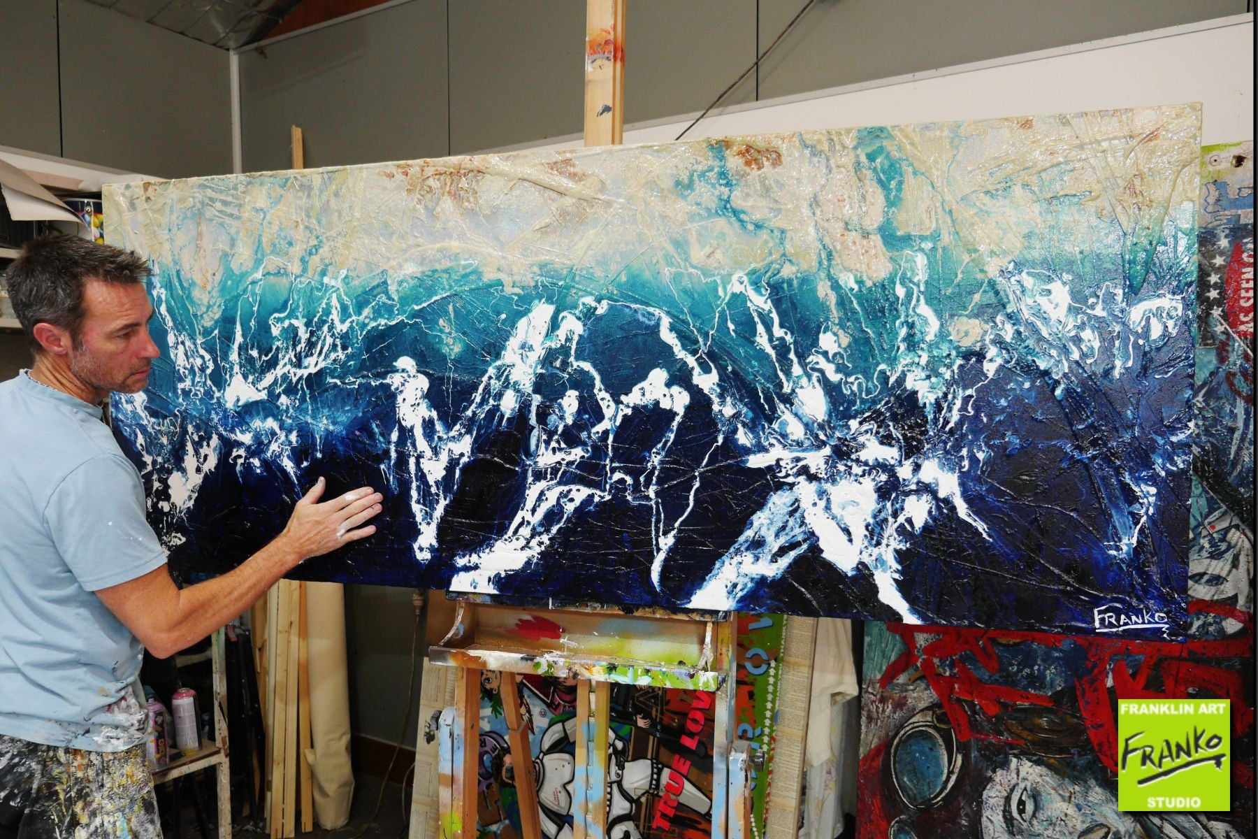 Washed Serenity 200cm x 80cm Cream Blue Textured Abstract Painting (SOLD)-Abstract-[Franko_Artist]-[The_Block]-[Dream_Homes]-[ideas]- [Grand_Designs]-Franklin Art Studio