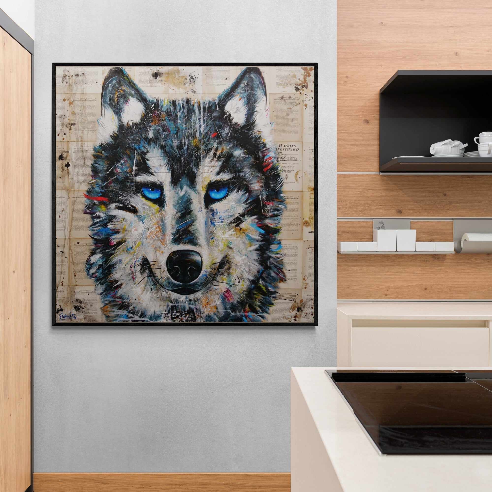 Westward Wolf 120cm x 120cm Wolf Abstract Realism Book Club Painting (SOLD)-book club-[Franko_Artist]-[The_Block]-[Dream_Homes]-[ideas]-[Grand_Designs]-[Art_Lover]-Franklin Art Studio
