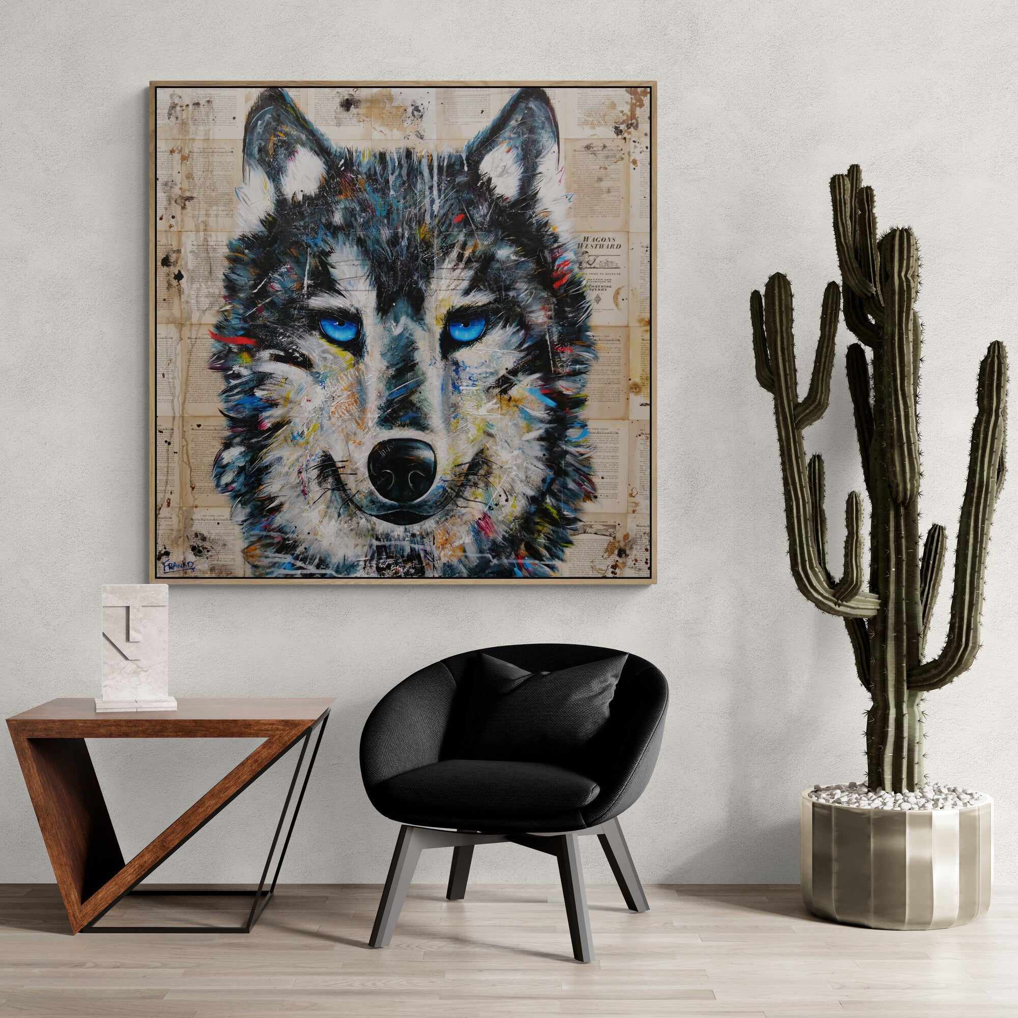Westward Wolf 120cm x 120cm Wolf Abstract Realism Book Club Painting (SOLD)-book club-[Franko_Artist]-[Australian_artist]-[Gold_Coast]-[Brisbane]-[modern]-[contemporary]-[original]-[Large_artwork]-[The_Block]-[Dream_Homes]-[ideas]-[Grand_Designs]-[Art_Lover]-Franklin Art Studio