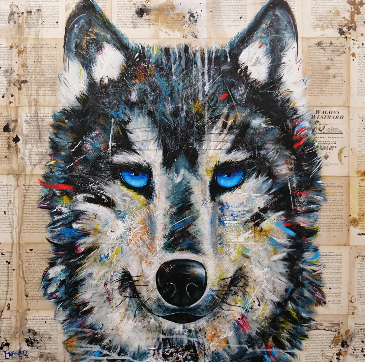 Westward Wolf 120cm x 120cm Wolf Abstract Realism Book Club Painting (SOLD)-book club-[Franko_Artist]-[Australian_artist]-[Gold_Coast]-[Brisbane]-[modern]-[contemporary]-[original]-[Large_artwork]-Franklin Art Studio