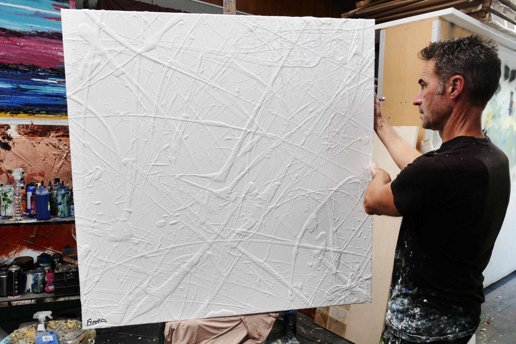 White Lines 120cm x 120cm TEXTURED White Abstract Painting (SOLD)-Abstract-[Franko_Artist]-[The_Block]-[Dream_Homes]-[ideas]- [Grand_Designs]-Franklin Art Studio