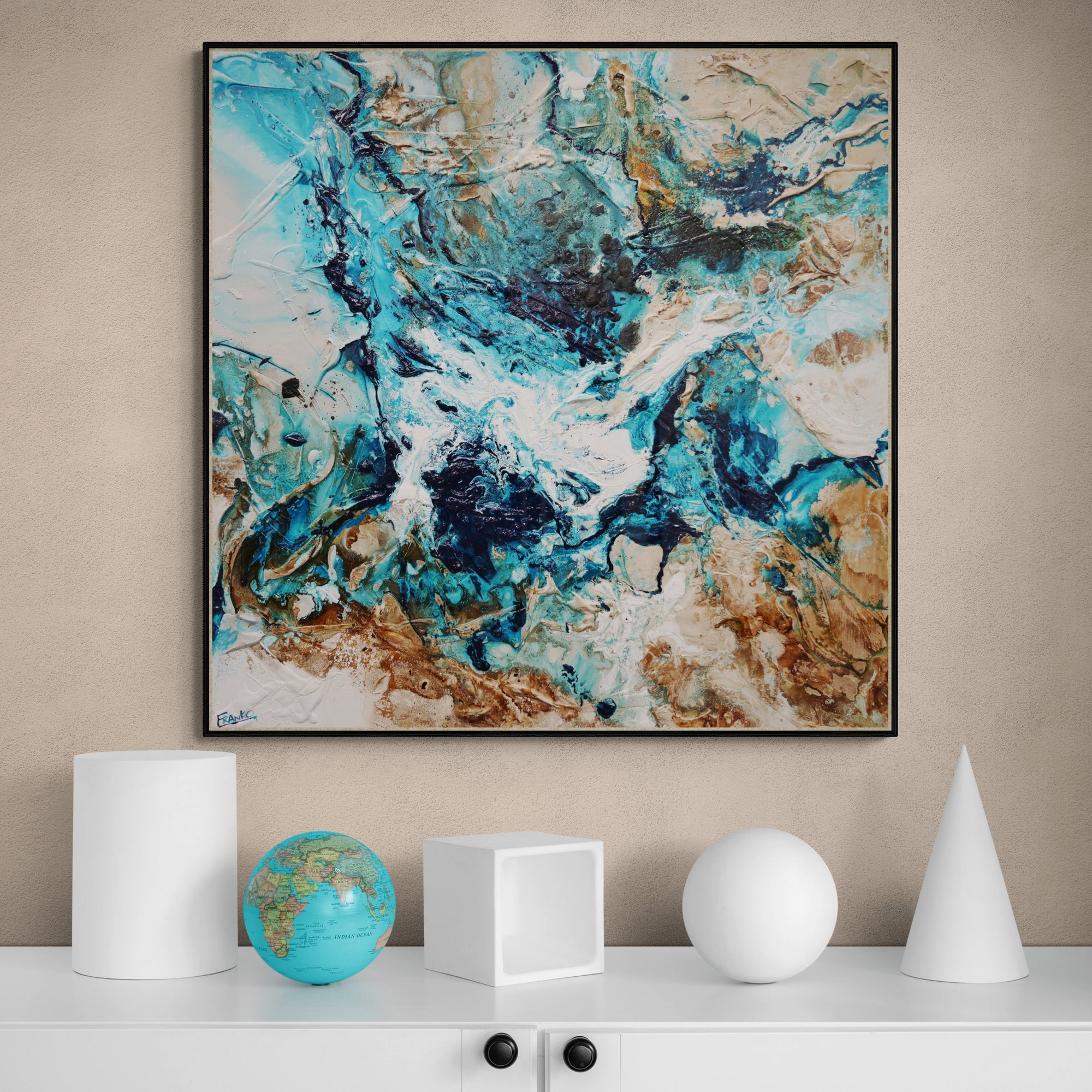 Southern and Rust 120cm x 120cm Teal Phalto White Textured Abstract Painting (SOLD)-Abstract-[Franko_Artist]-[The_Block]-[Dream_Homes]-[ideas]-[Grand_Designs]-[Art_Lover]-Franklin Art Studio