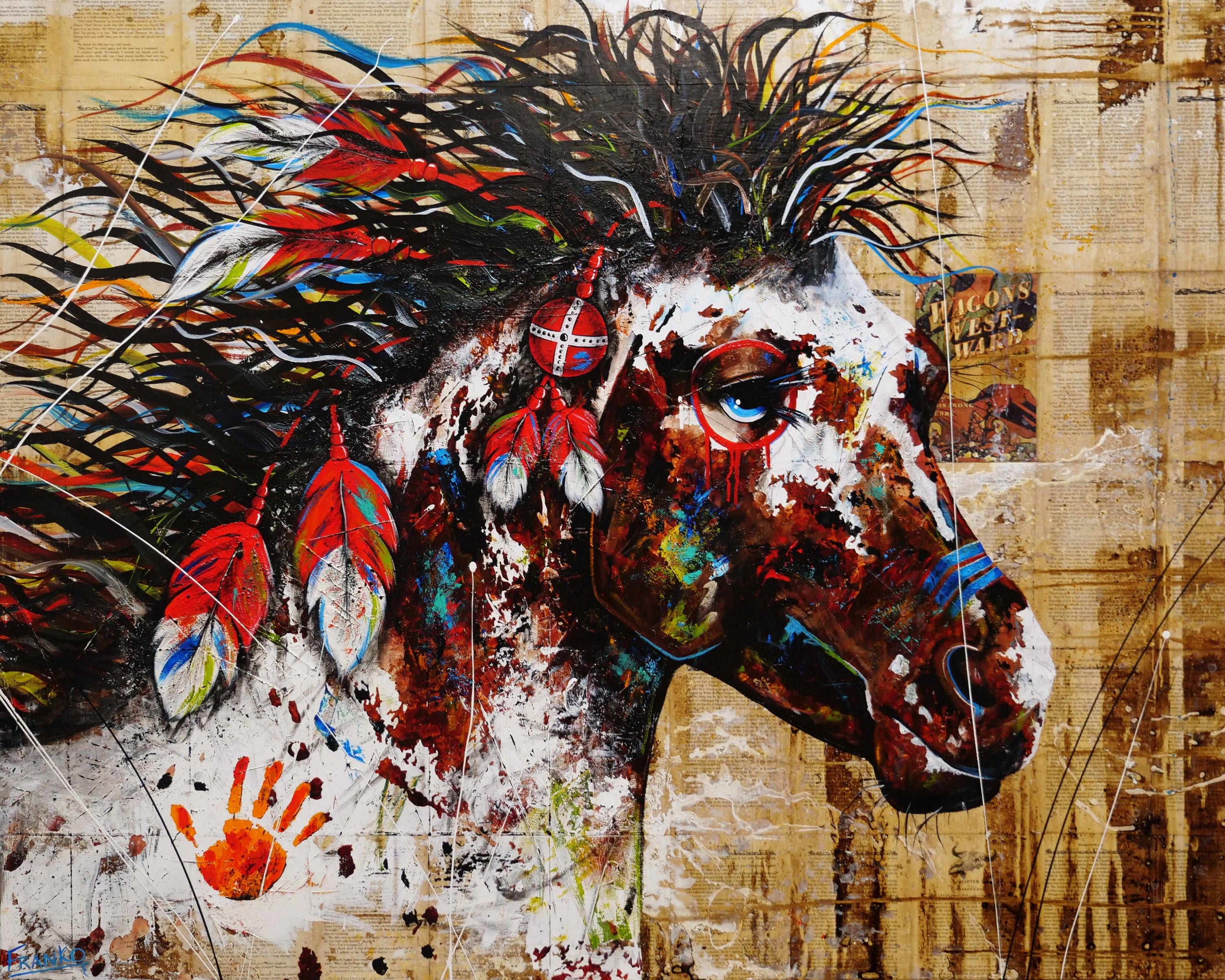 Wild Ahiga 120cm x 150cm Indian War Horse Abstract Realism Book Club Painting (SOLD)-book club-[Franko_Artist]-[Australian_artist]-[Gold_Coast]-[Brisbane]-[modern]-[contemporary]-[original]-[Large_artwork]-Franklin Art Studio