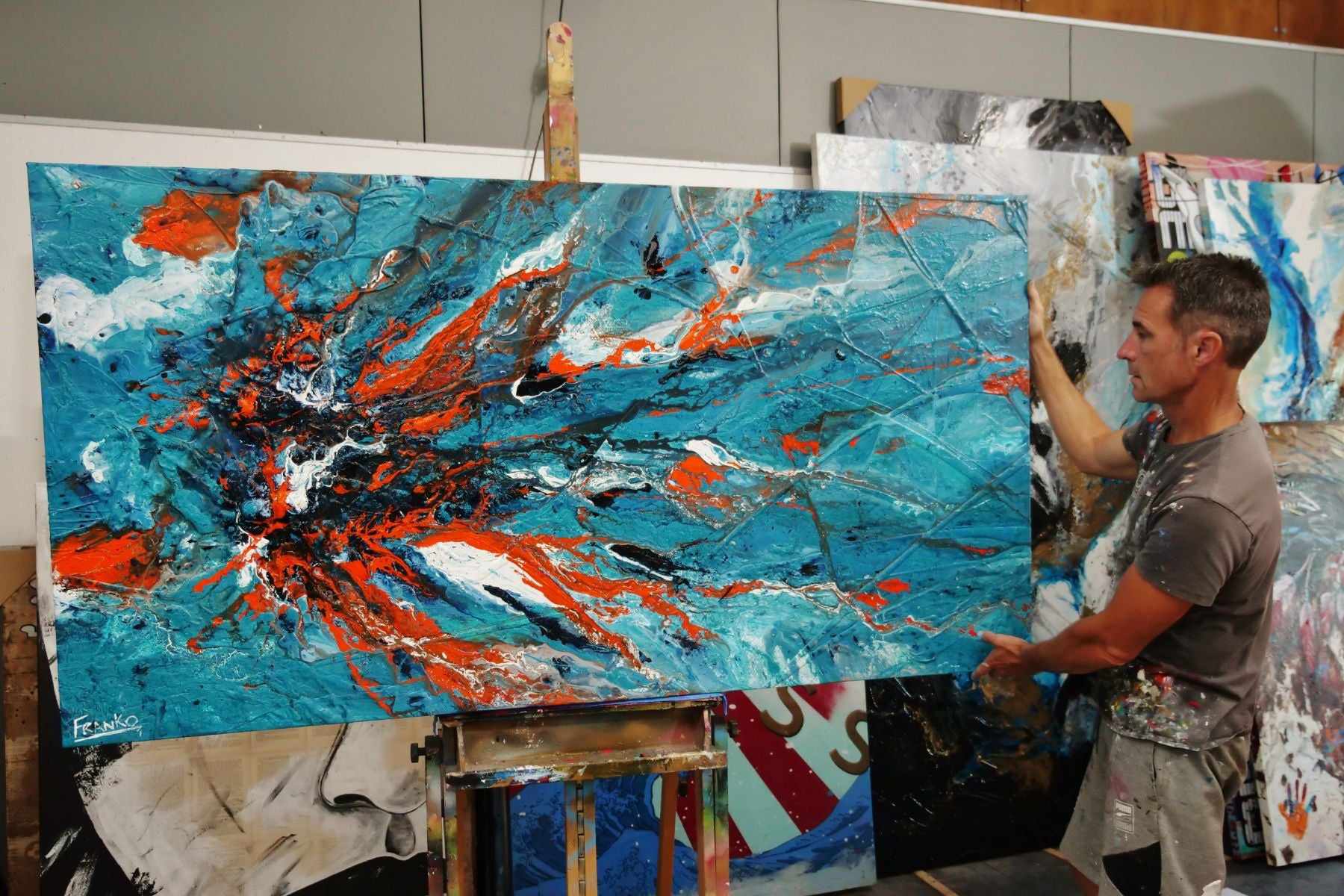 Wild Aquatica 190cm x 100cm Turquoise Orange Textured Abstract Painting (SOLD)-Abstract-[Franko_Artist]-[The_Block]-[Dream_Homes]-[ideas]- [Grand_Designs]-Franklin Art Studio